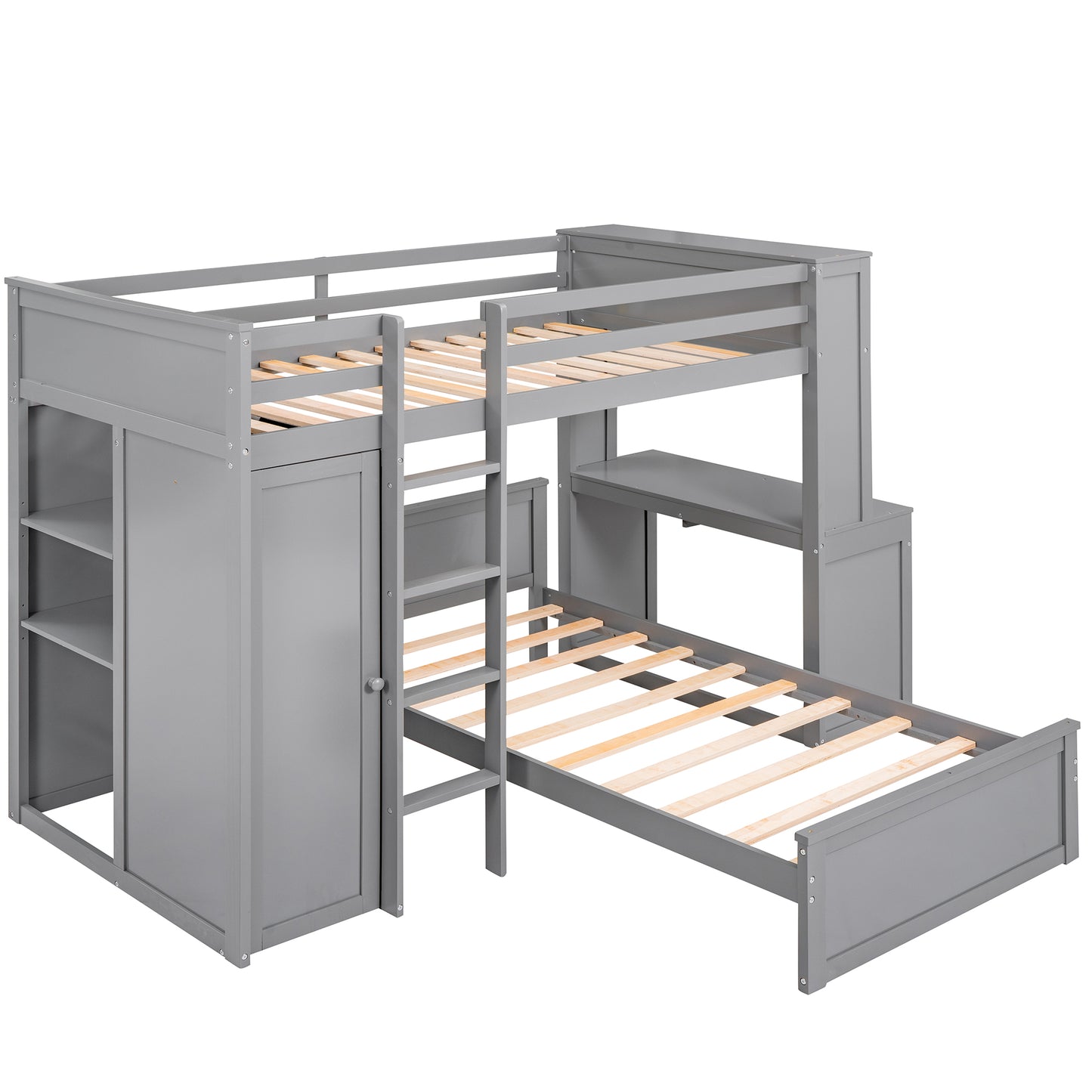 Gray twin over twin bunk bed with integrated desk shelves and closet for kids
