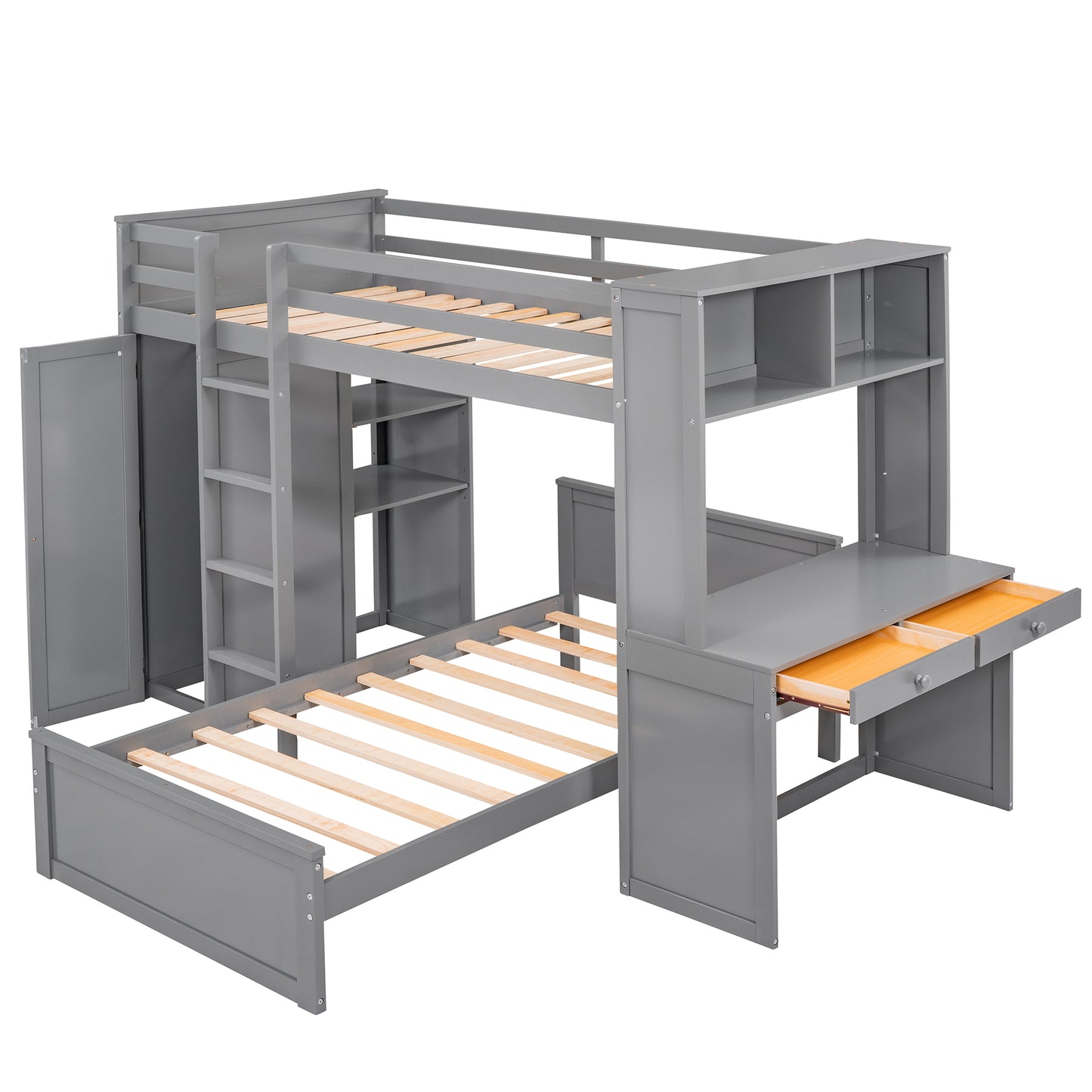 Gray loft bed with integrated desk shelves and cabinet for kids room