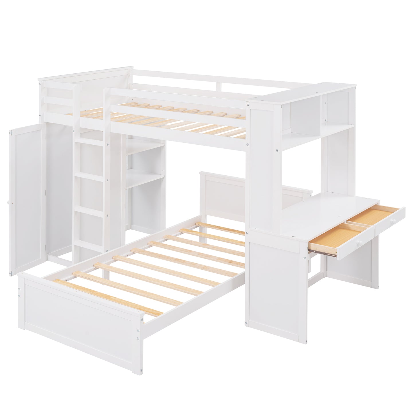 White wooden loft bed with integrated desk shelves and storage cabinet for kids rooms