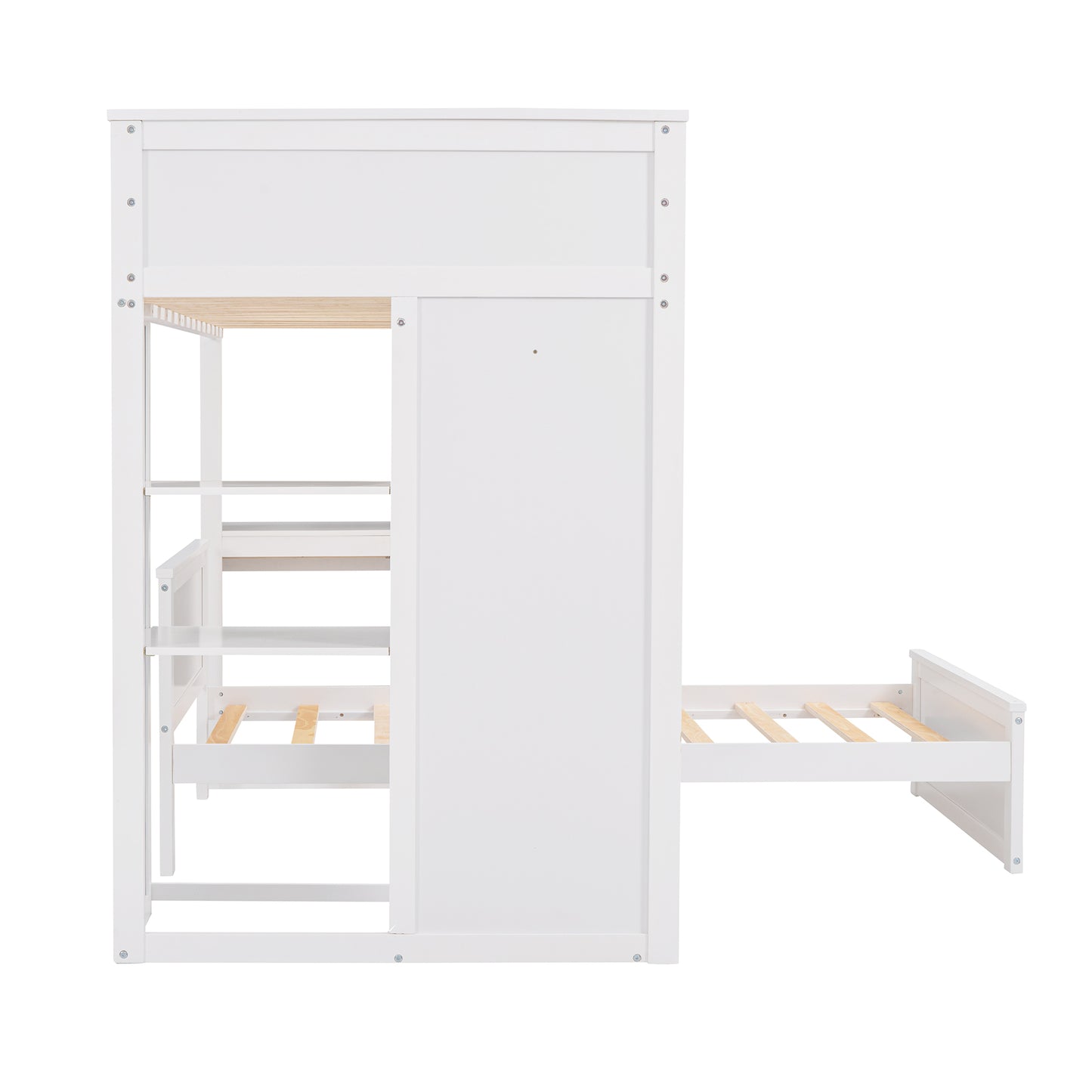 White wooden loft bed with integrated wardrobe and pullout trundle for kids rooms