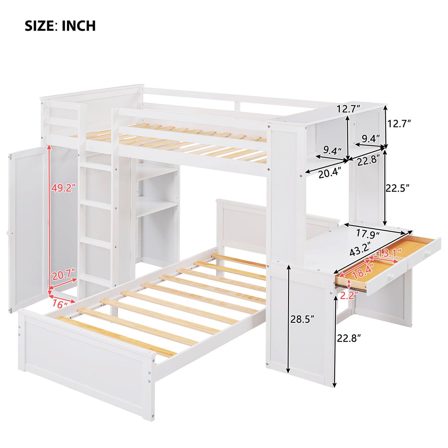 White loft bed with integrated desk and storage shelves perfect for kids rooms