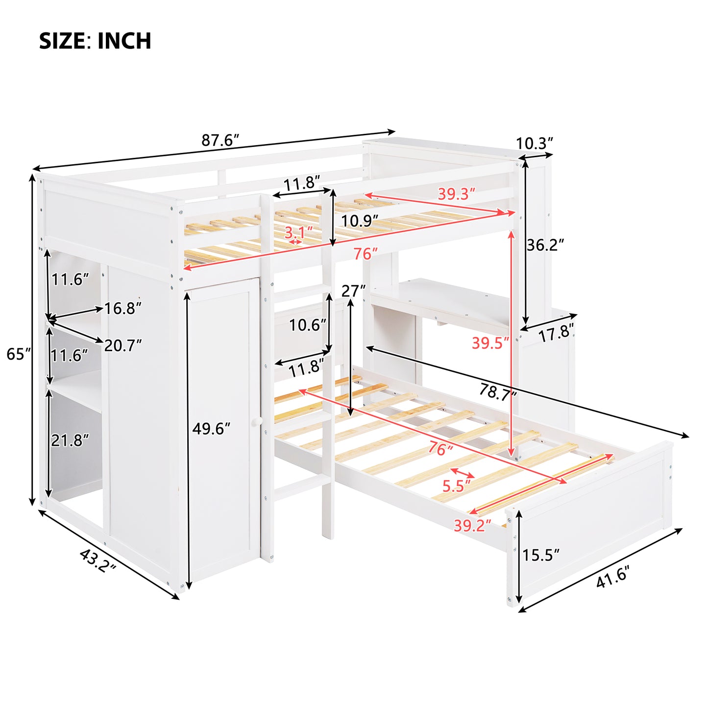 White wooden loft bed with integrated desk and shelves dimensions indicated