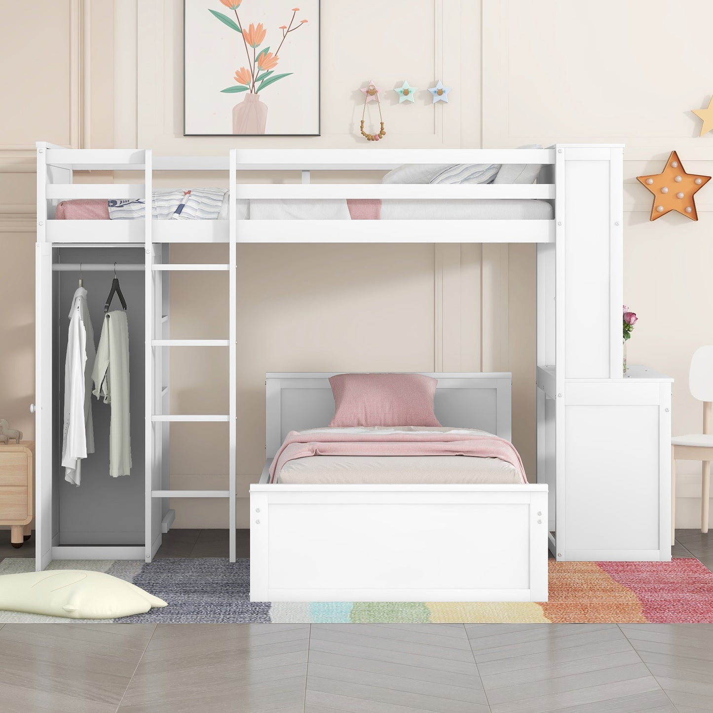 White loft bed with integrated wardrobe and desk for kids room organization