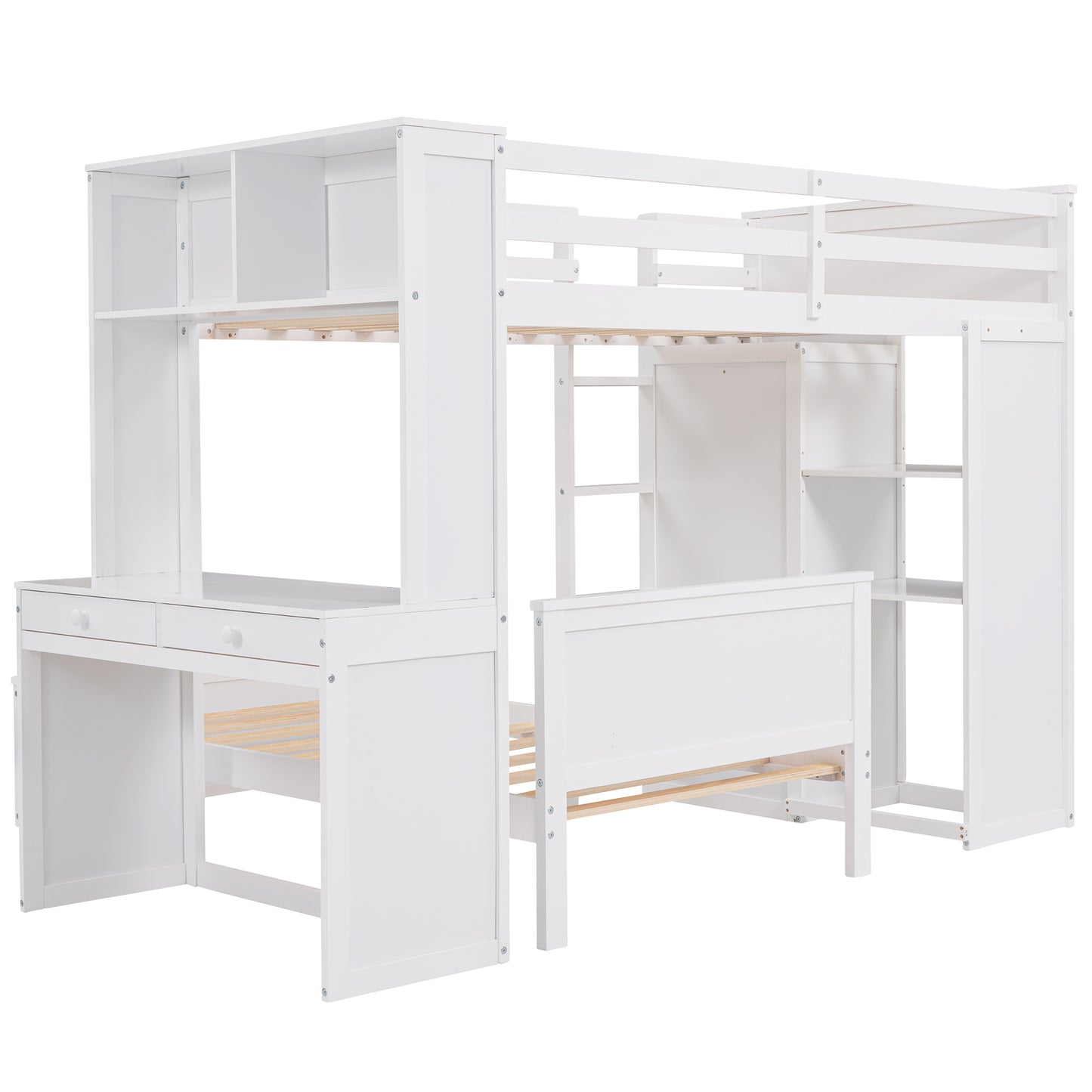 White wooden loft bed with integrated desk shelves and storage drawers