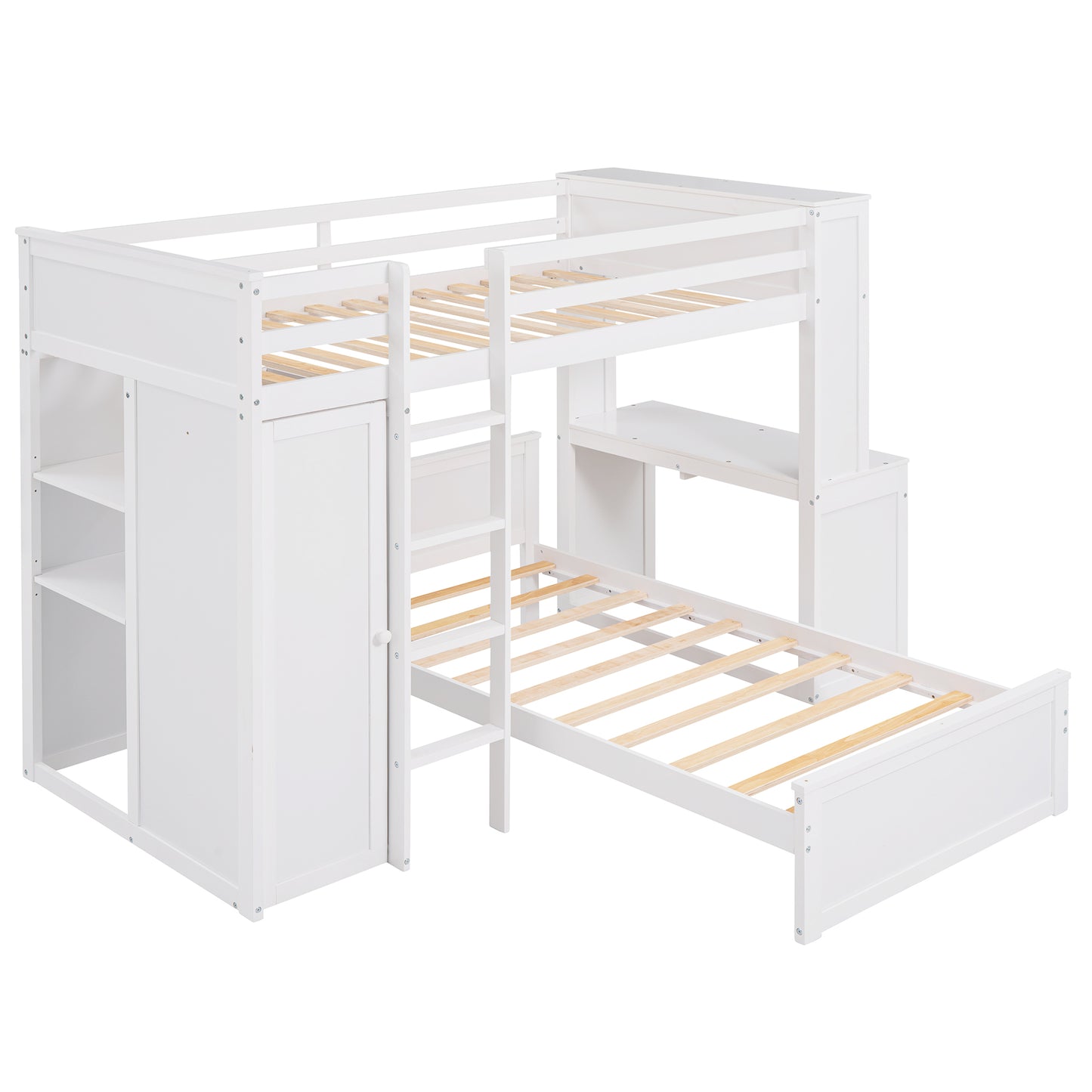 White Lshaped bunk bed with integrated desk and storage shelves for kids room