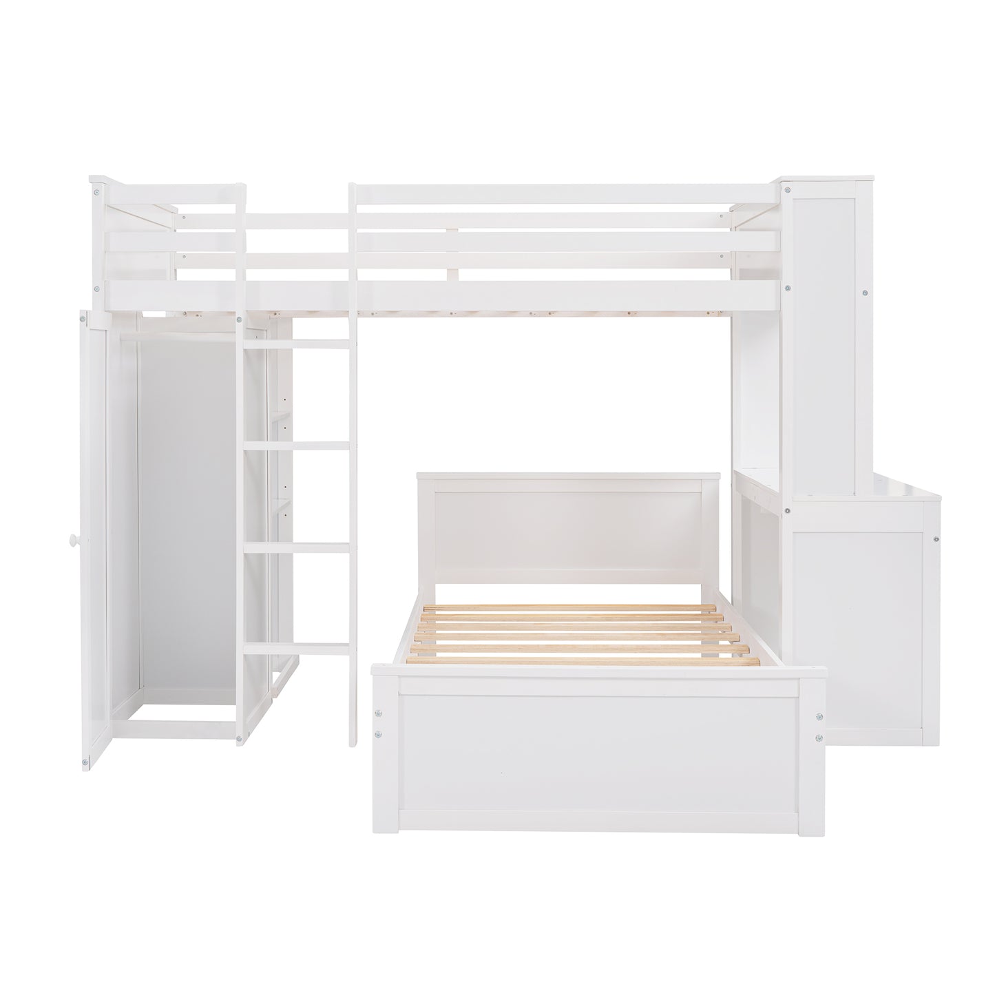 White wooden loft bed with integrated desk and wardrobe for kids room