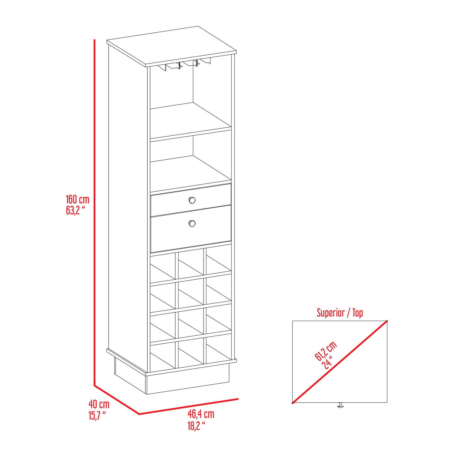 Tall wine cabinet with bottle cubbies and two drawers
