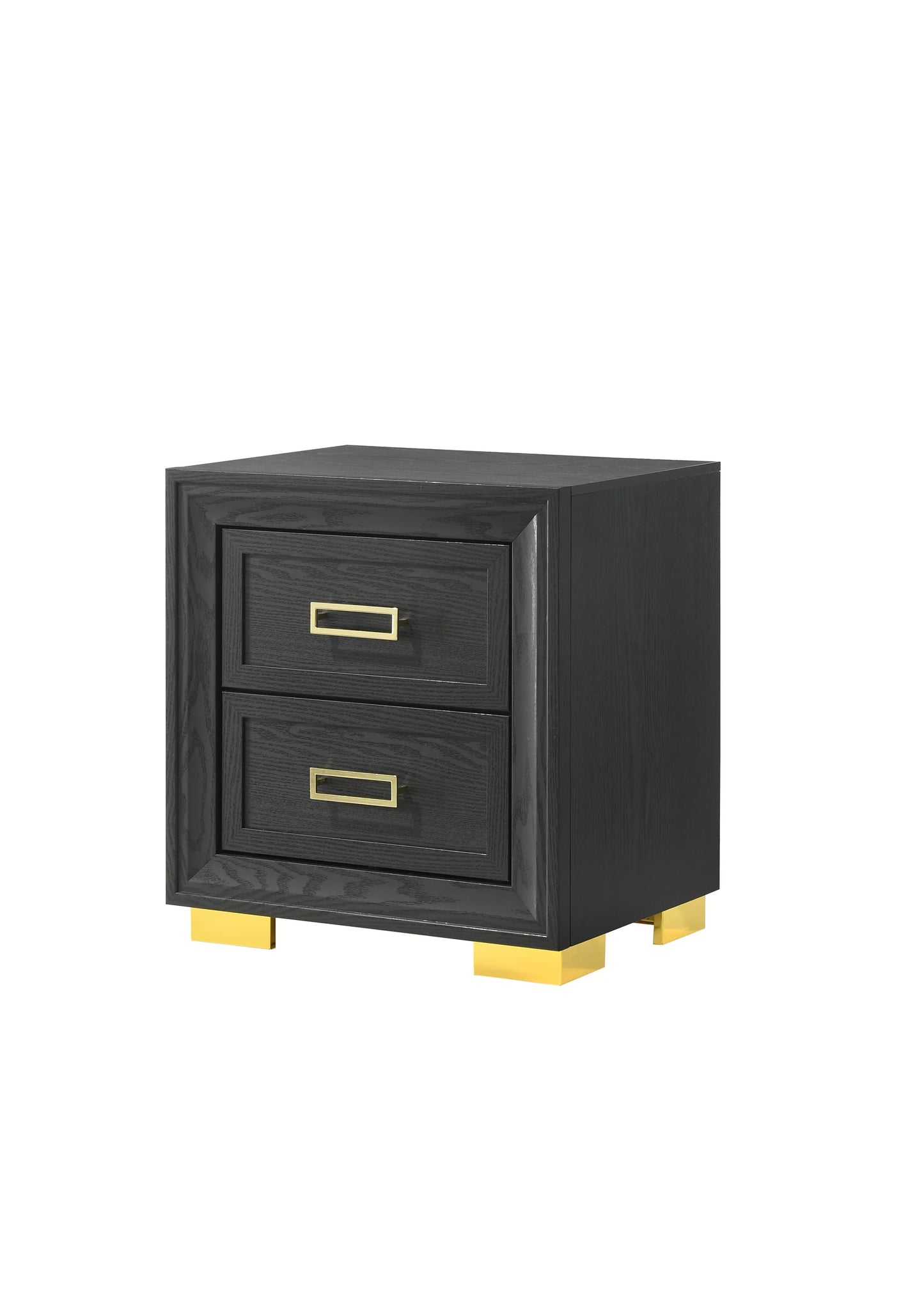 Black wood nightstand with two goldaccented drawers and gold legs