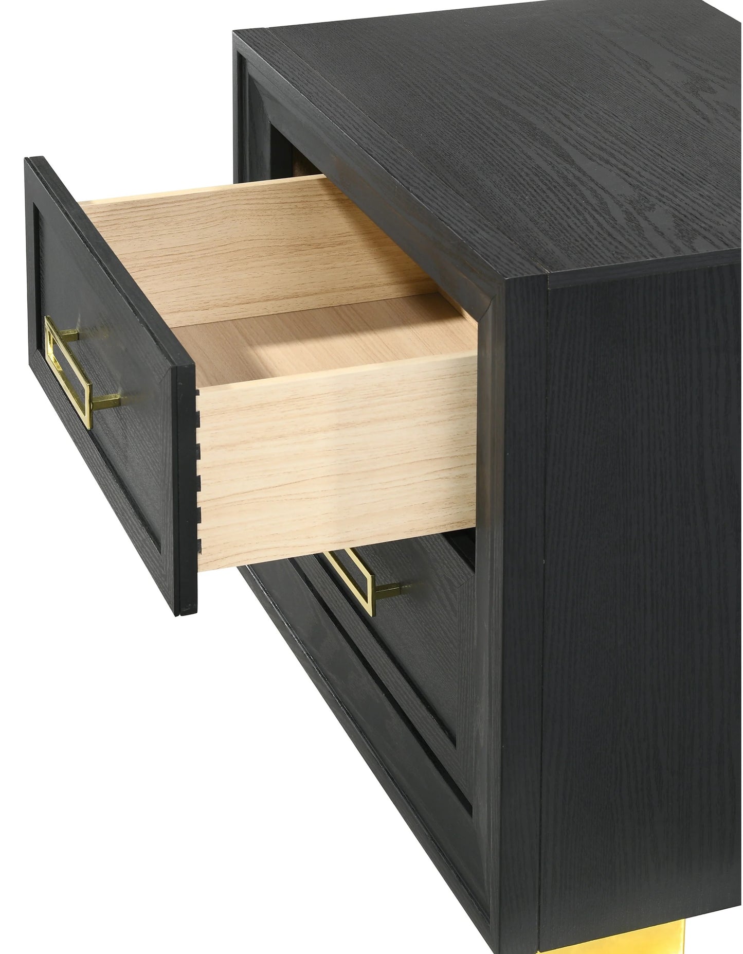 Black oak nightstand with brass pull on open drawer