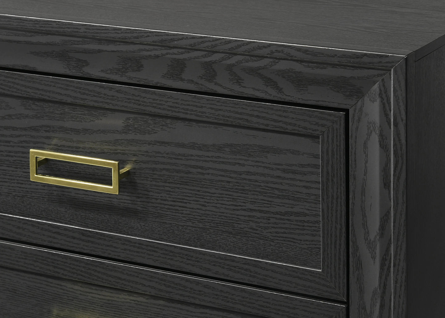 Dark gray oak dresser with brass rectangle handle