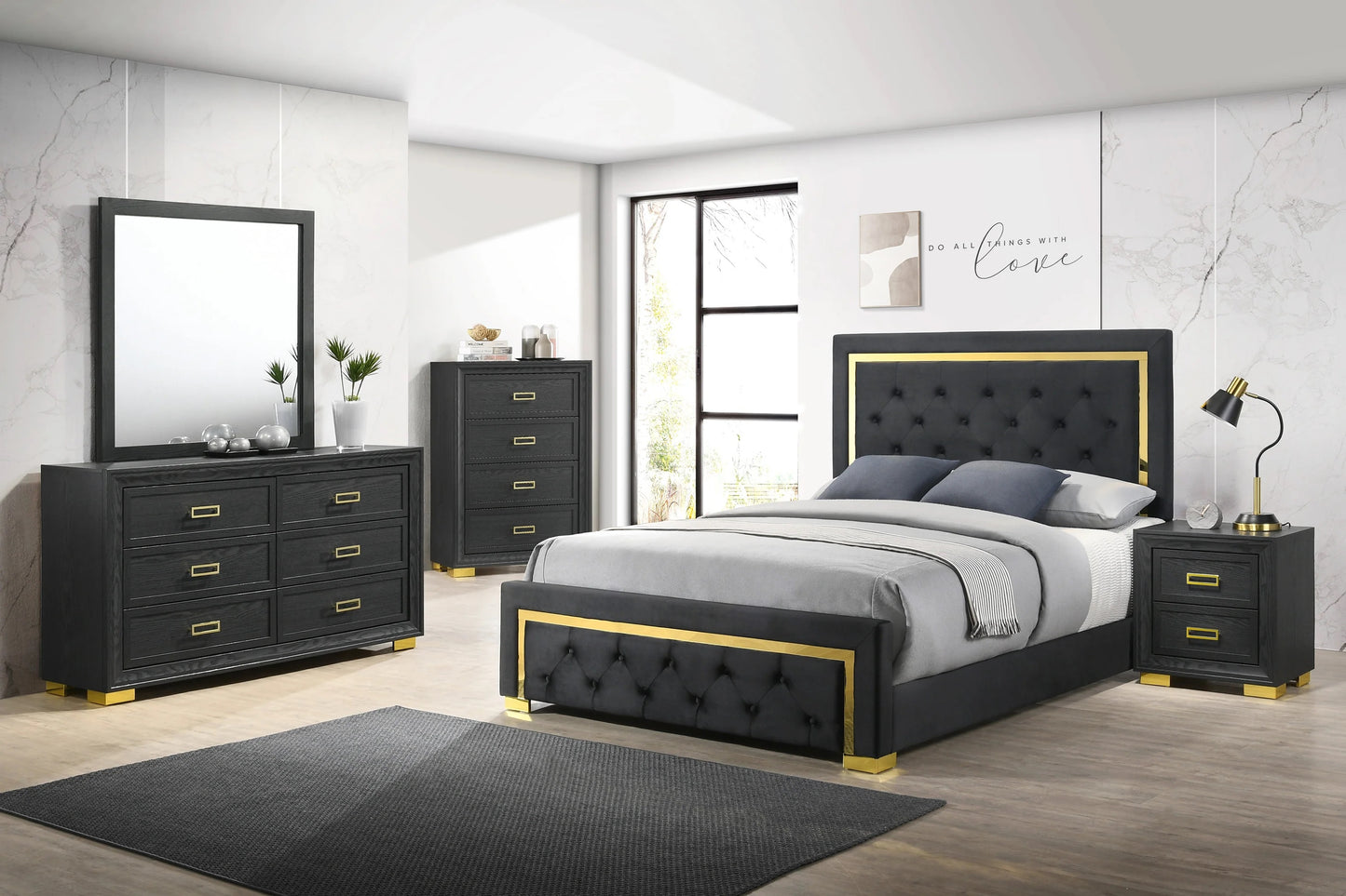 Black velvet bed with gold trim and tufted headboard