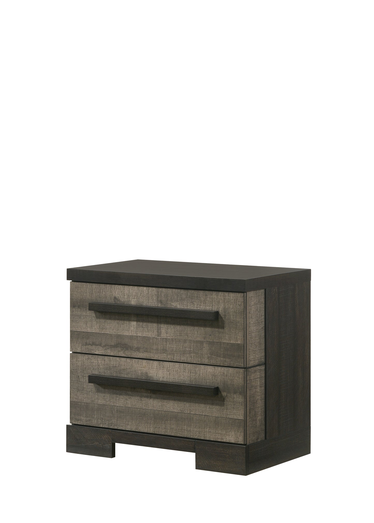 Rustic wood nightstand with two drawers and black metal handles