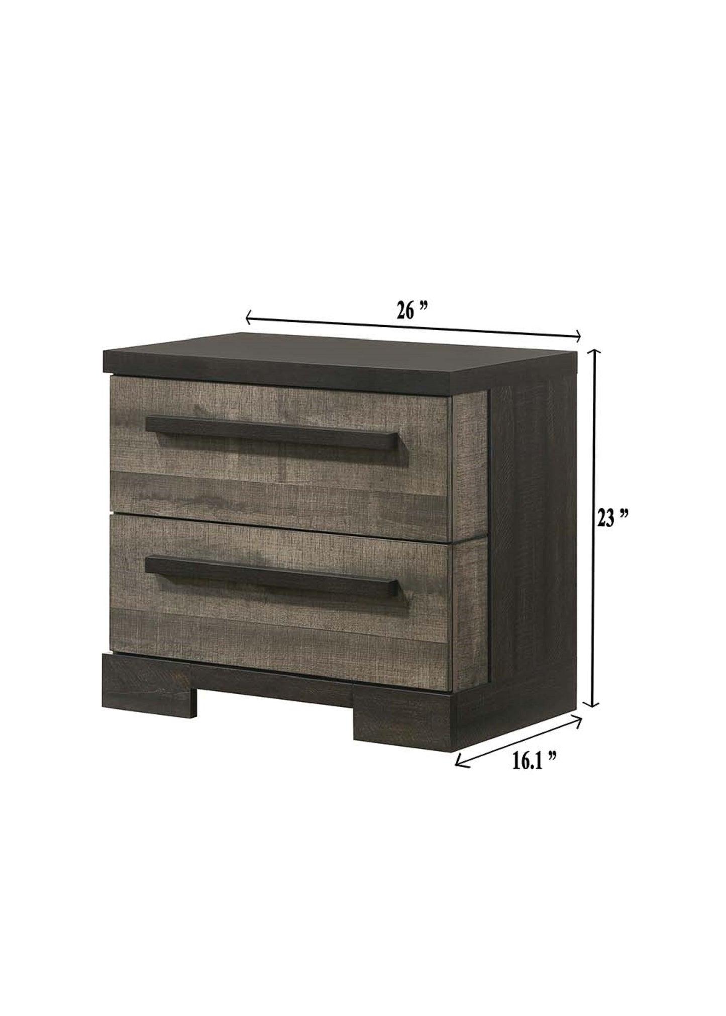 Rustic twodrawer nightstand with dark grey wood grain finish and black bar pull handles