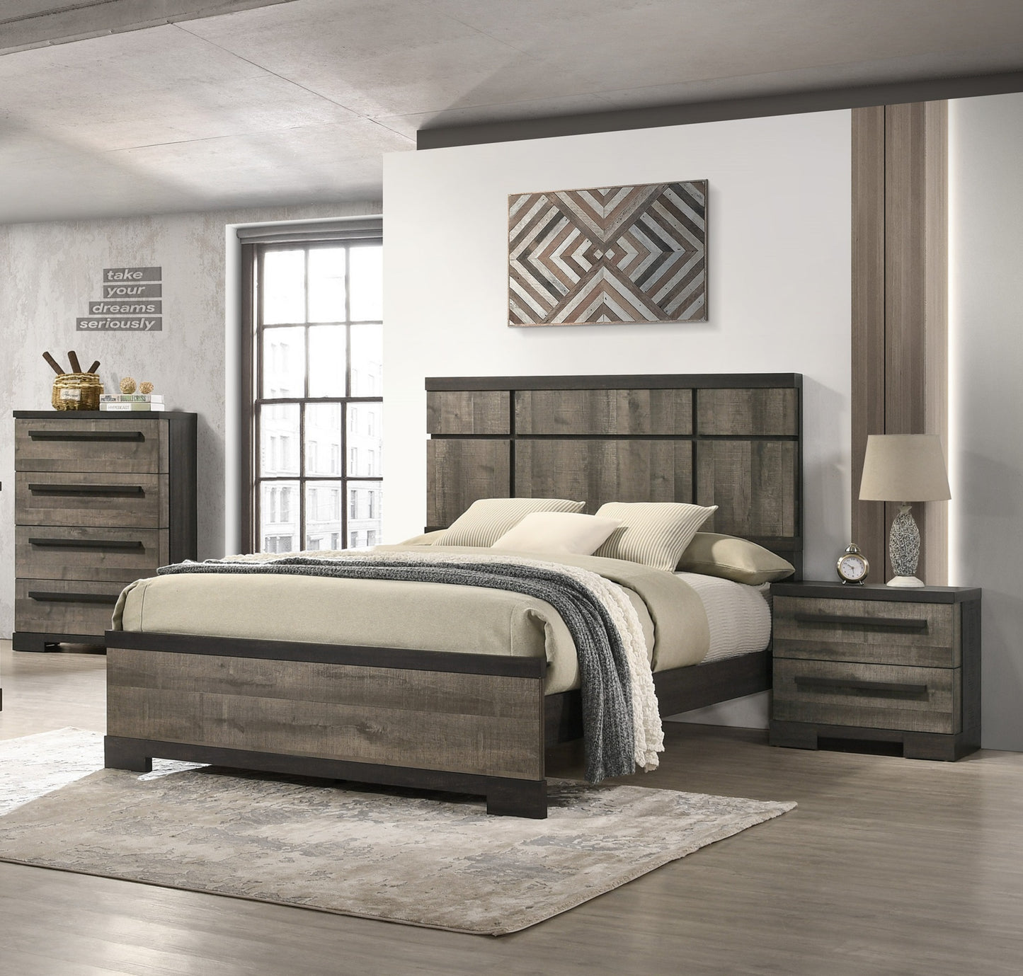 Rustic brown and gray wooden queen bed frame with matching headboard and footboard