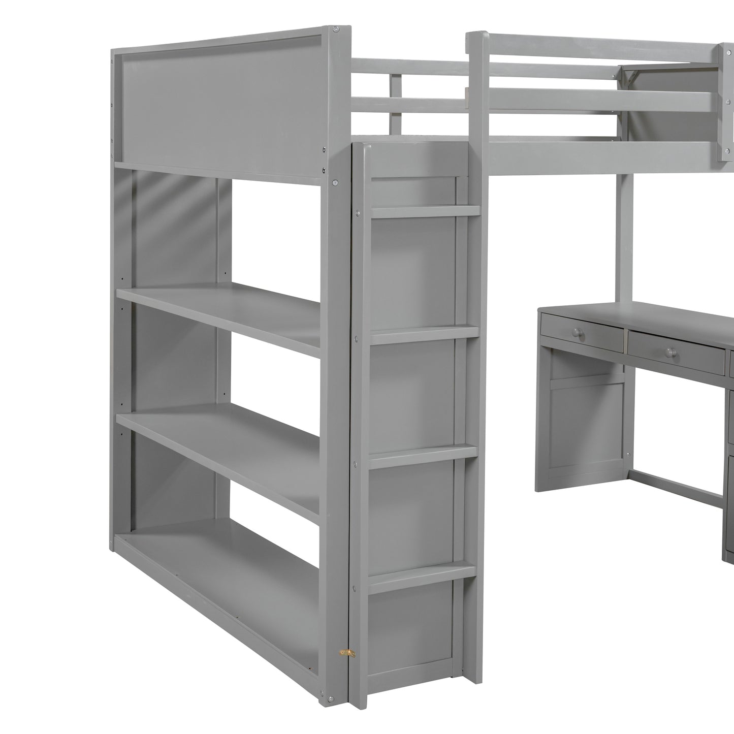 Gray loft bed with integrated shelving unit and a double drawer desk below