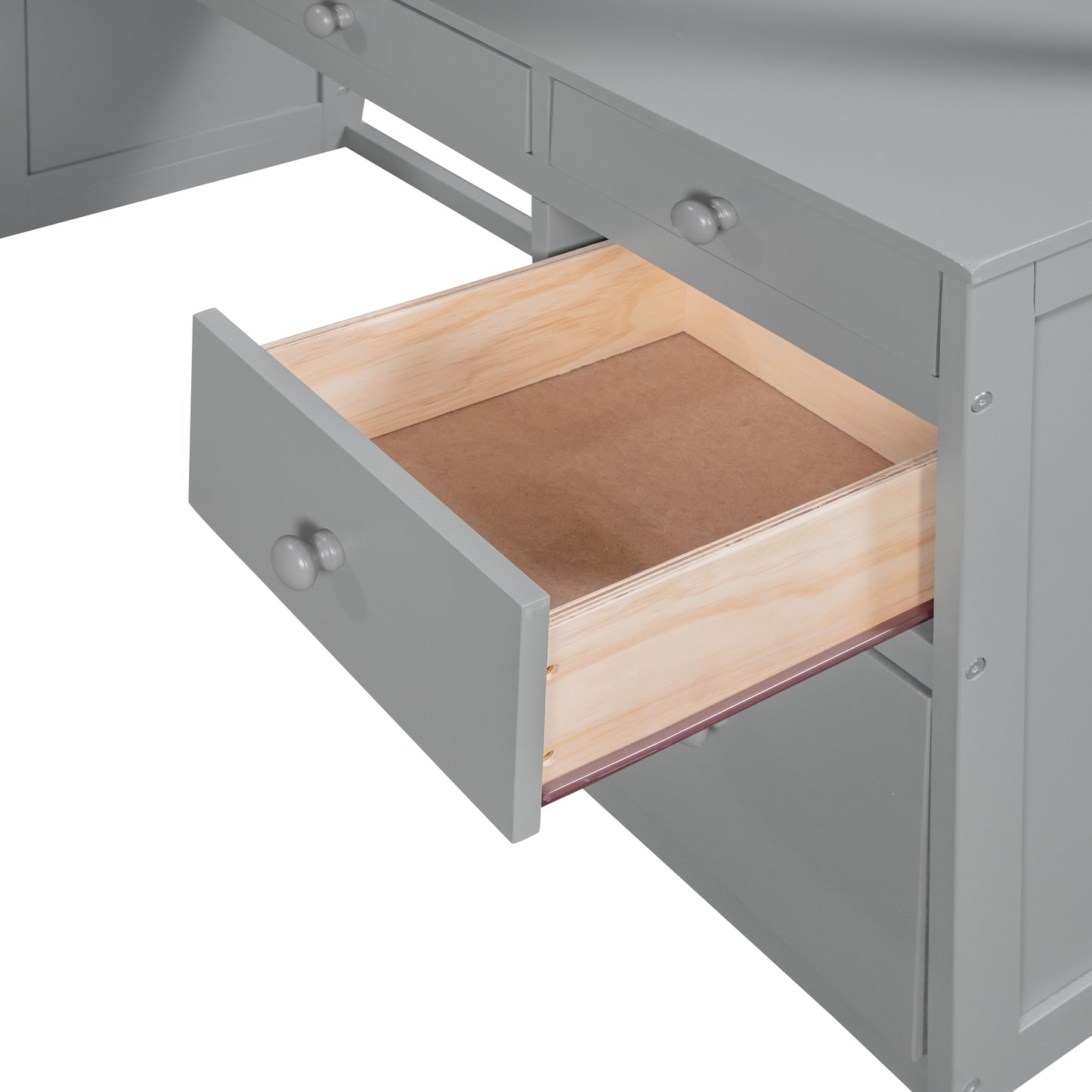 Gray wooden writing desk with open drawer showcasing pine interior
