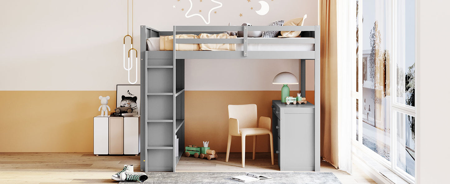 Gray loft bed with integrated desk and shelving for kids room