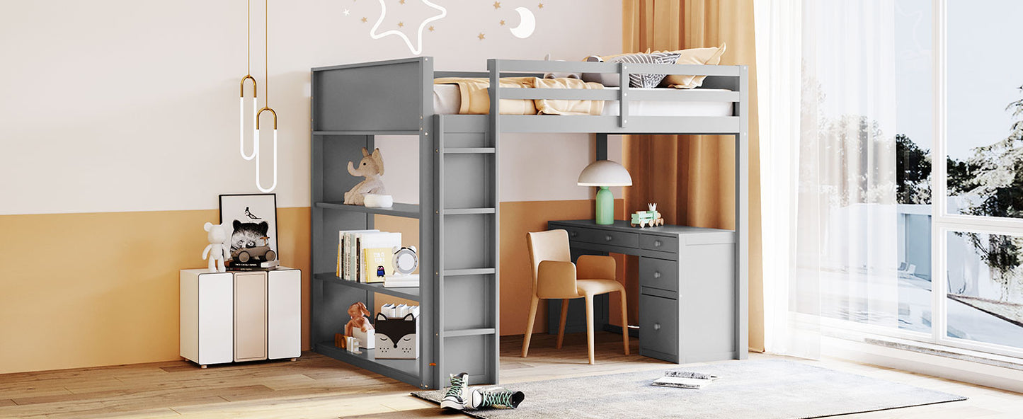 Grey loft bed with integrated desk and shelving for kids room
