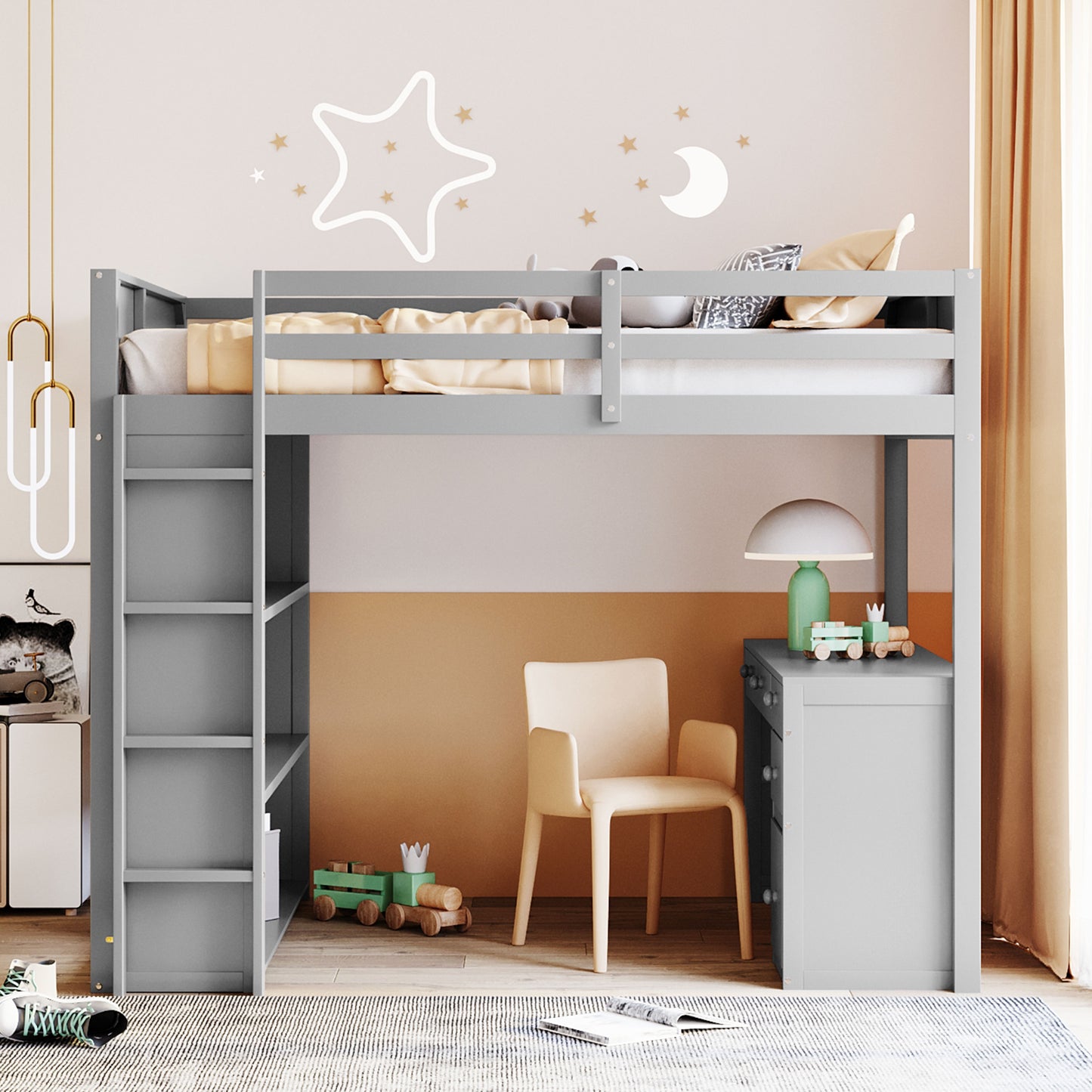 Grey wooden loft bed with integrated desk and shelves ideal for childrens rooms