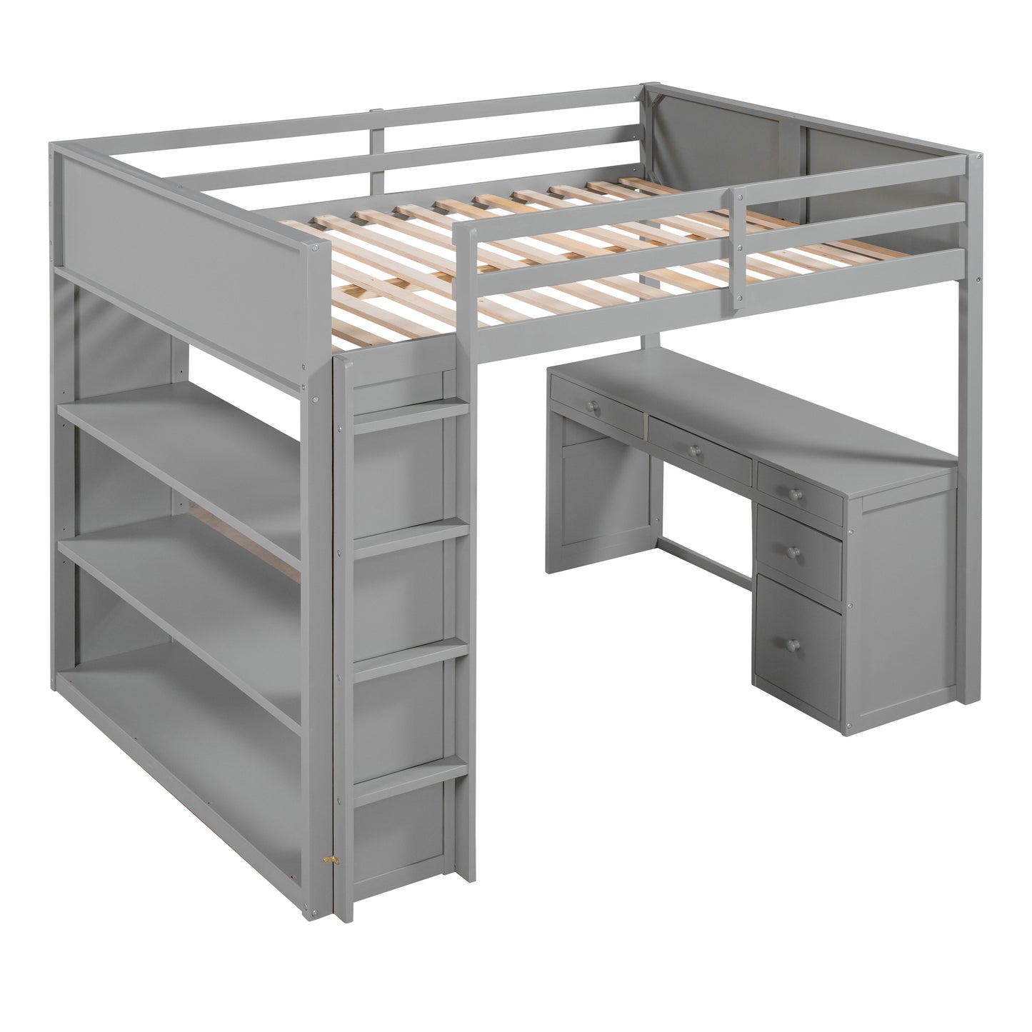 Grey loft bed with builtin bookshelf and desk spacesaving bunk bed solution