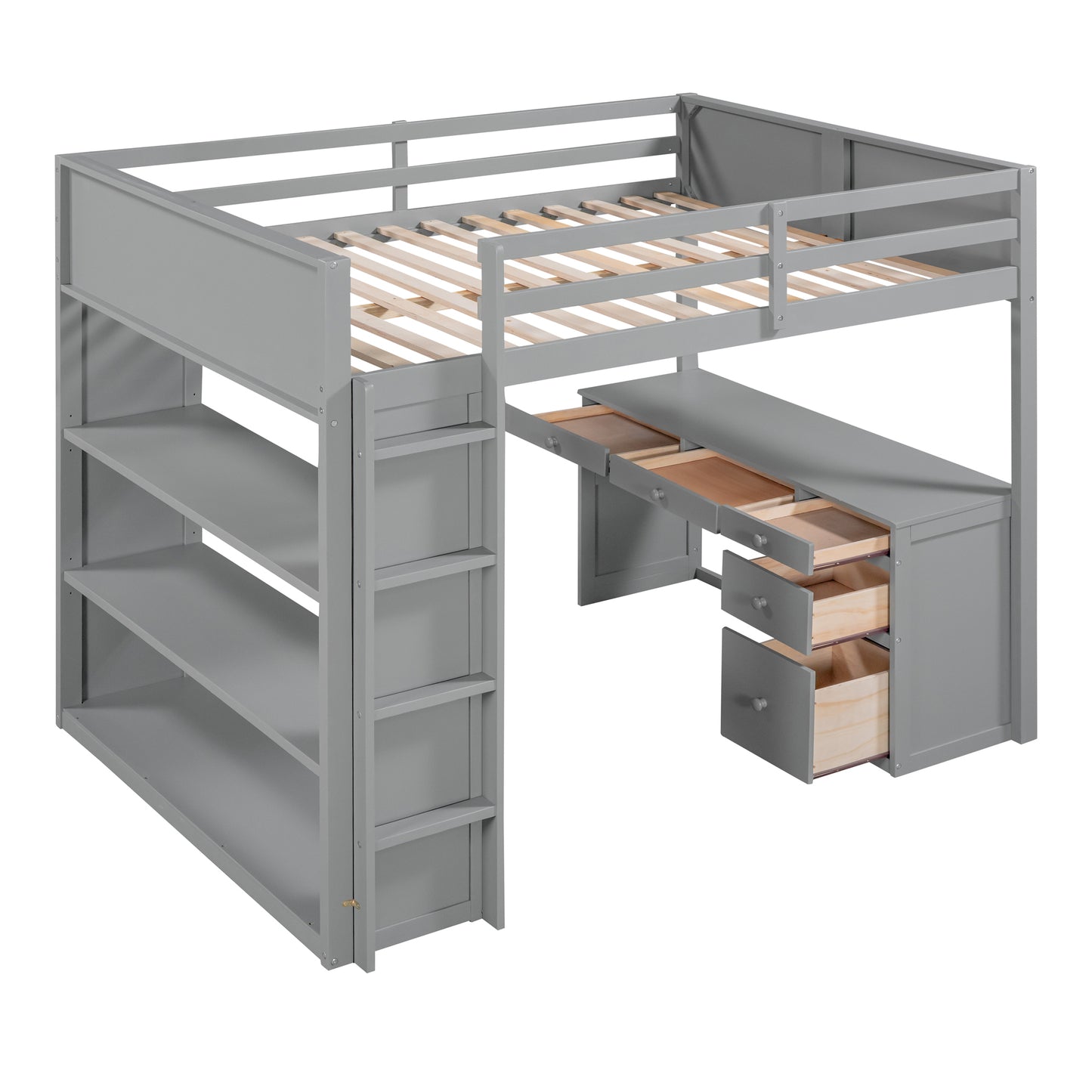 Gray loft bed with desk and bookshelves featuring wooden slats and drawers