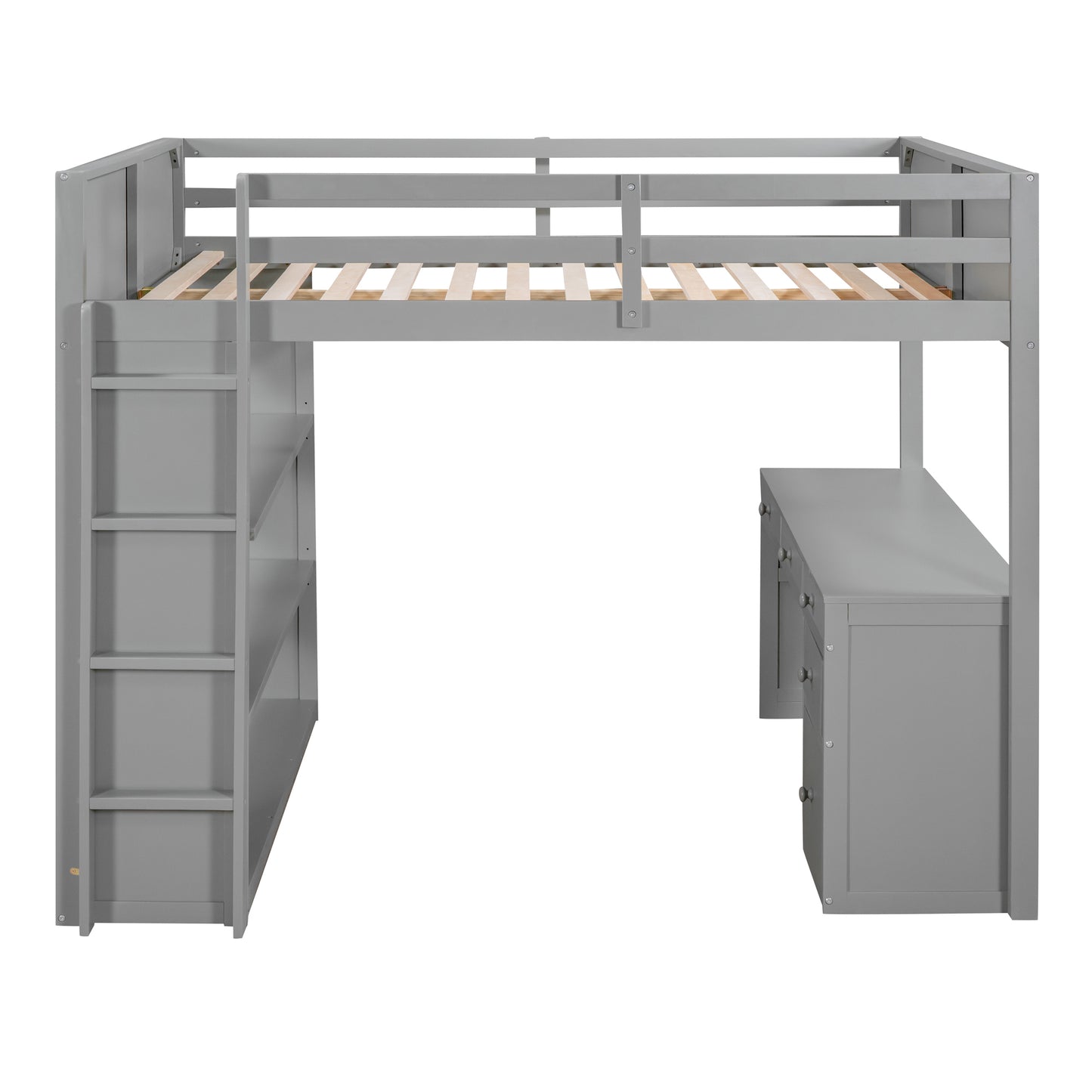 Gray loft bed with integrated bookshelf and desk Ideal for kids rooms
