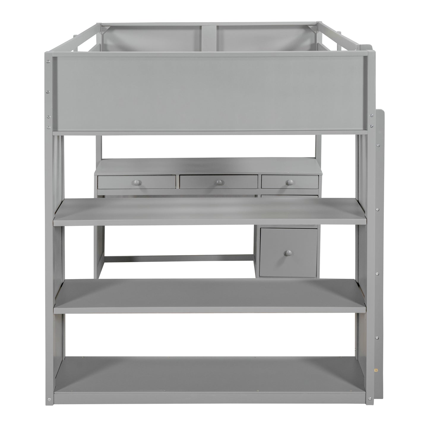 Gray metal loft bed with integrated desk and shelving unit for functional bedroom storage