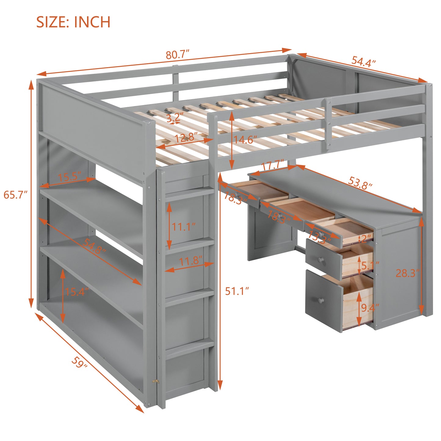 Gray loft bed with integrated desk and shelving displaying dimensions in inches