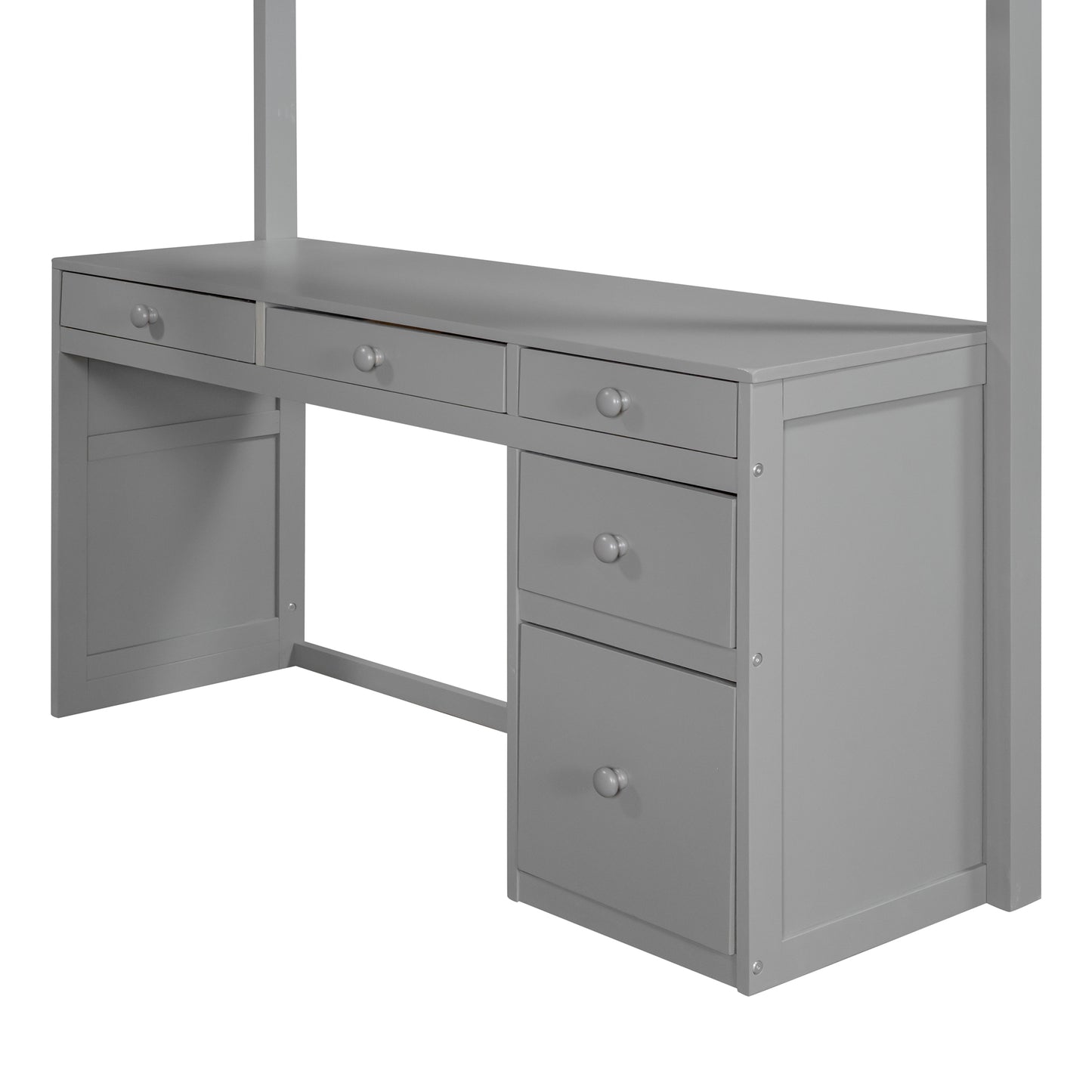 Gray wooden desk with multiple drawers and attached hutch support