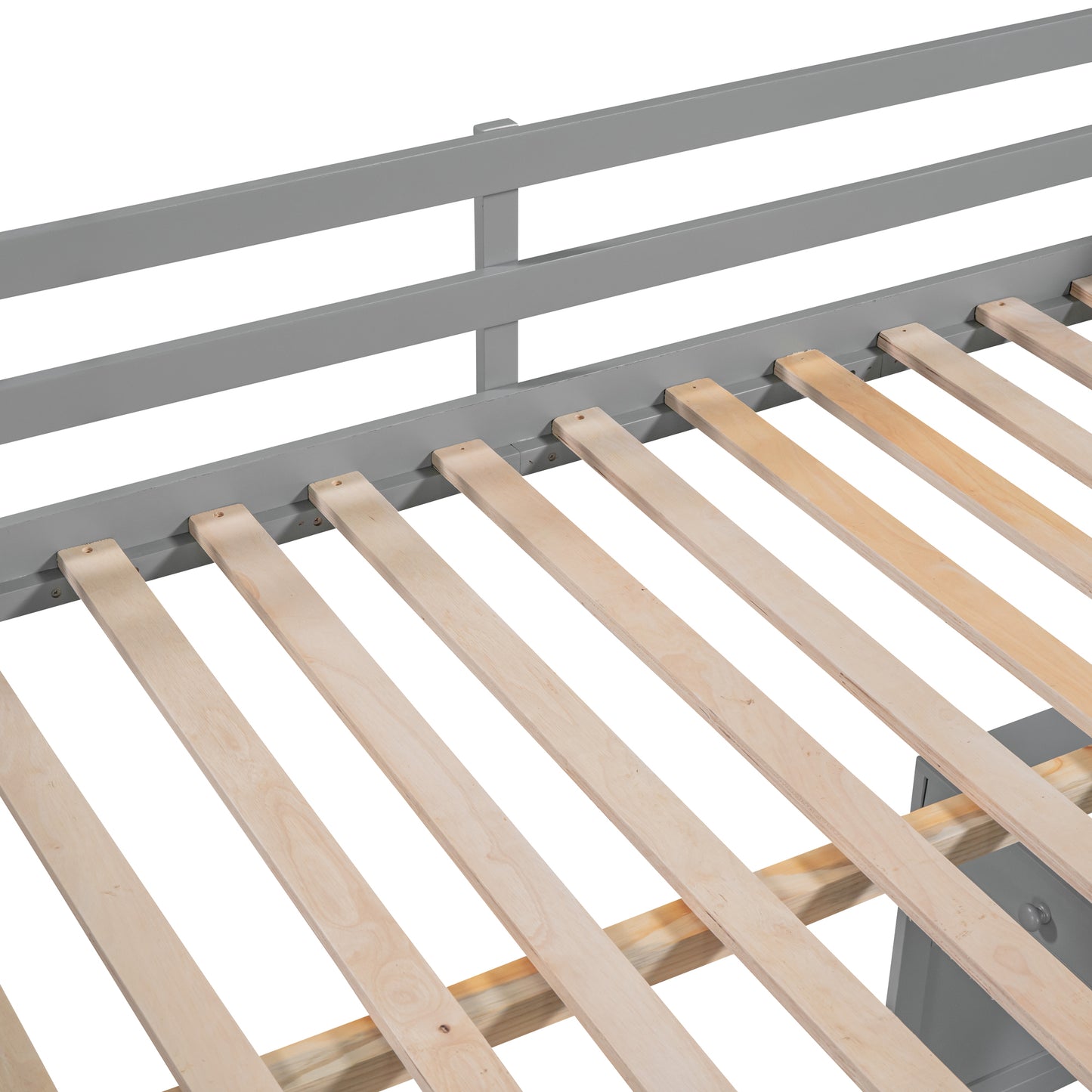 Closeup of grey metal bed frame with natural wood slats modern design