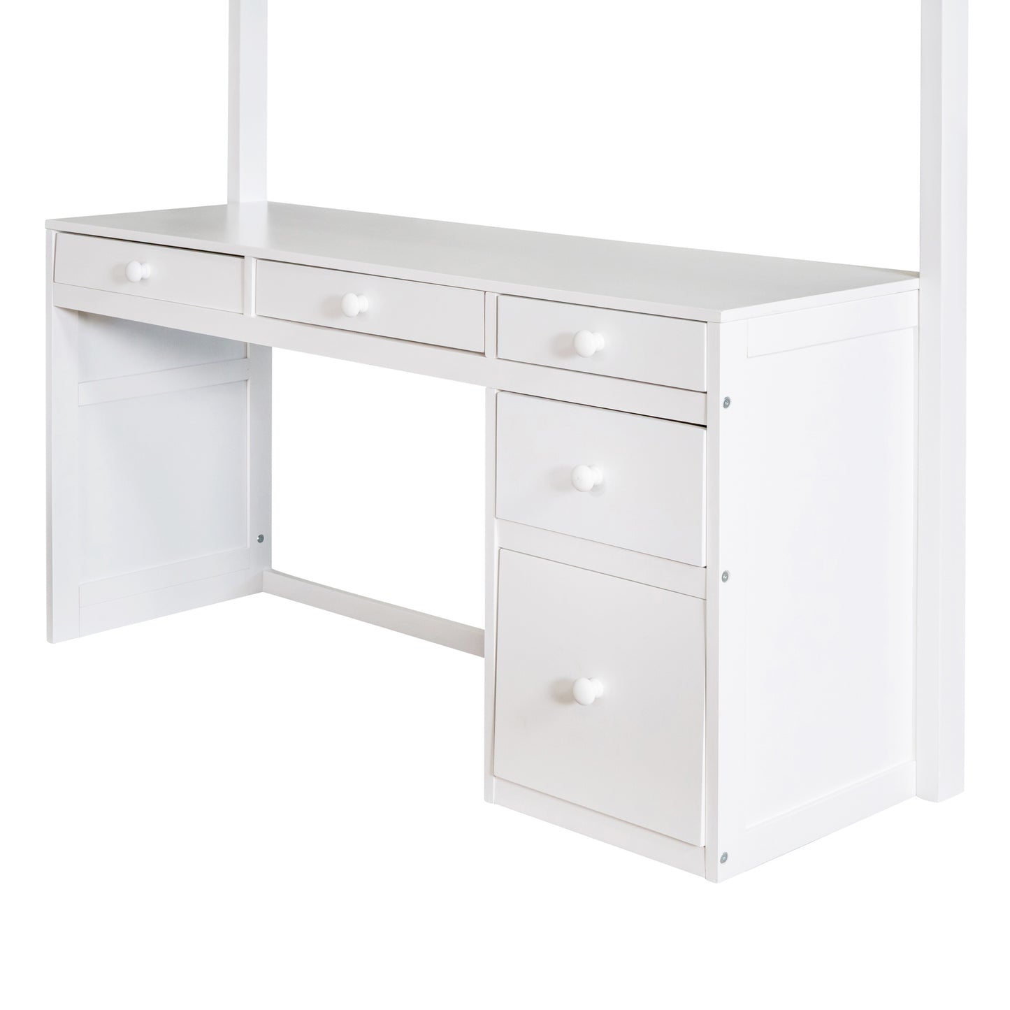 White wooden writing desk with five drawers and brushed nickel hardware ideal for home office