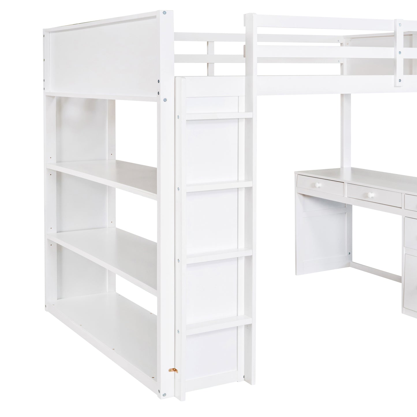White loft bed with integrated bookshelf and desk drawers