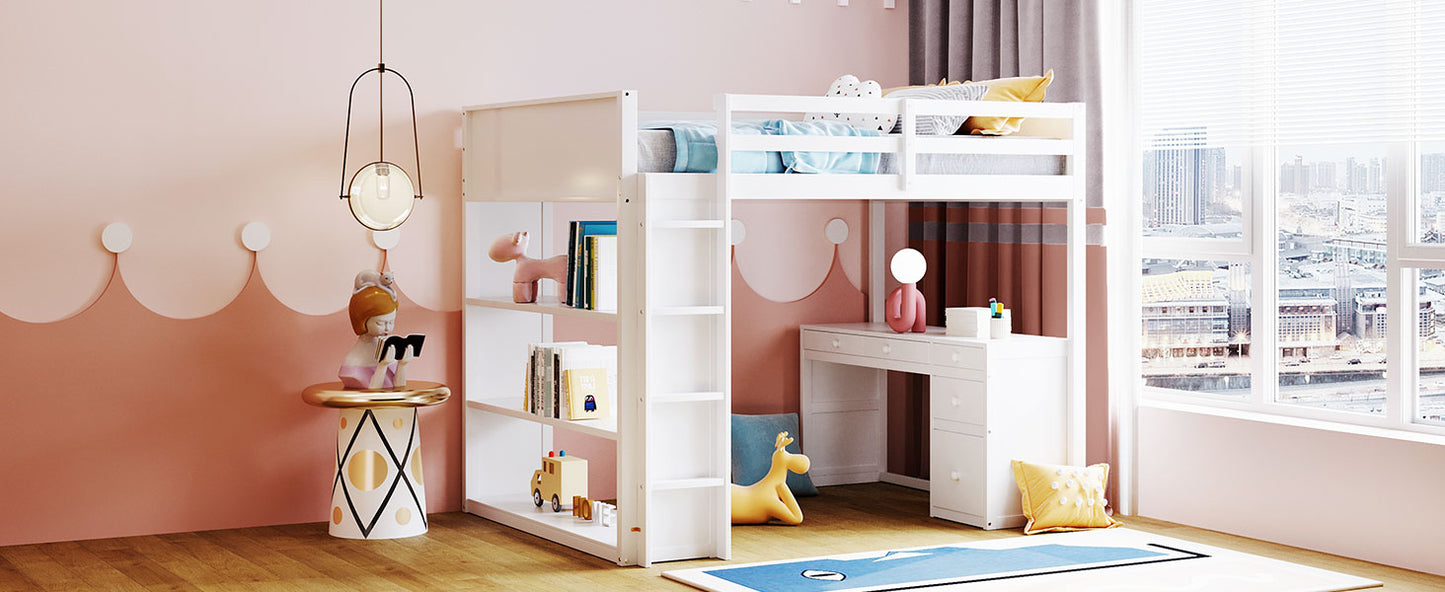 White loft bed with blue bedding and yellow pillows perfect for kids rooms