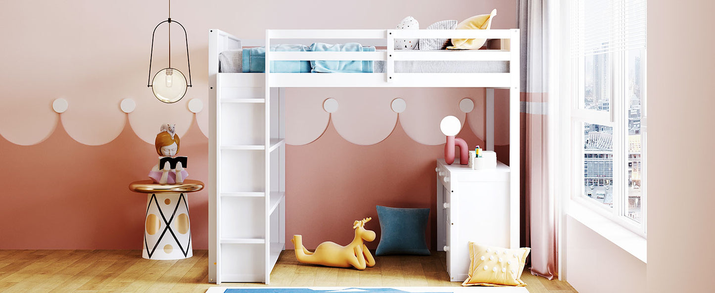 White wooden loft bed with blue bedding and storage ideal for kids rooms