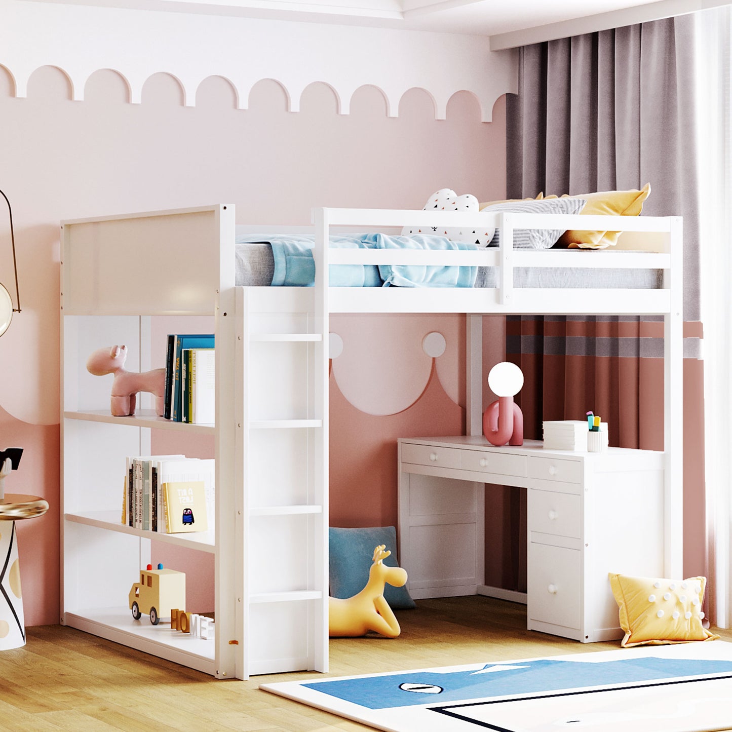 White wooden loft bed with integrated desk and bookshelves for kids