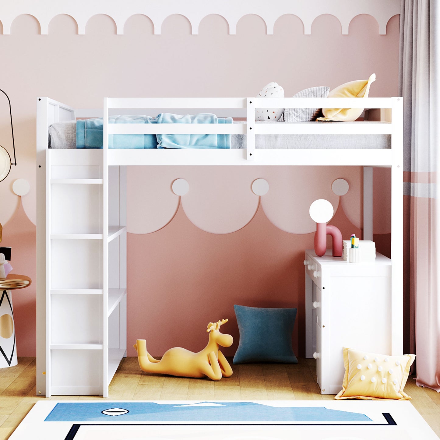 White wooden loft bed with blue bedding ladder and shelves for kids room