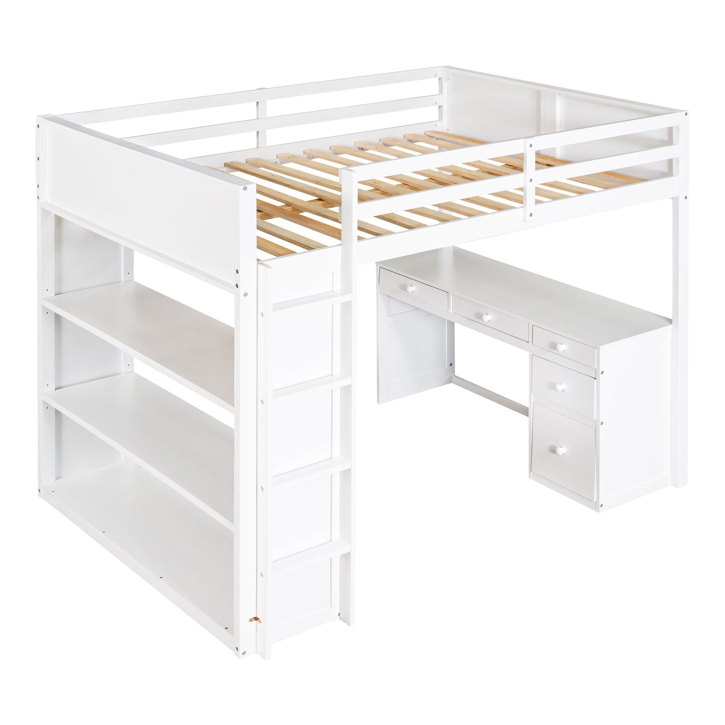 White wooden loft bed with desk and bookshelf for kids rooms