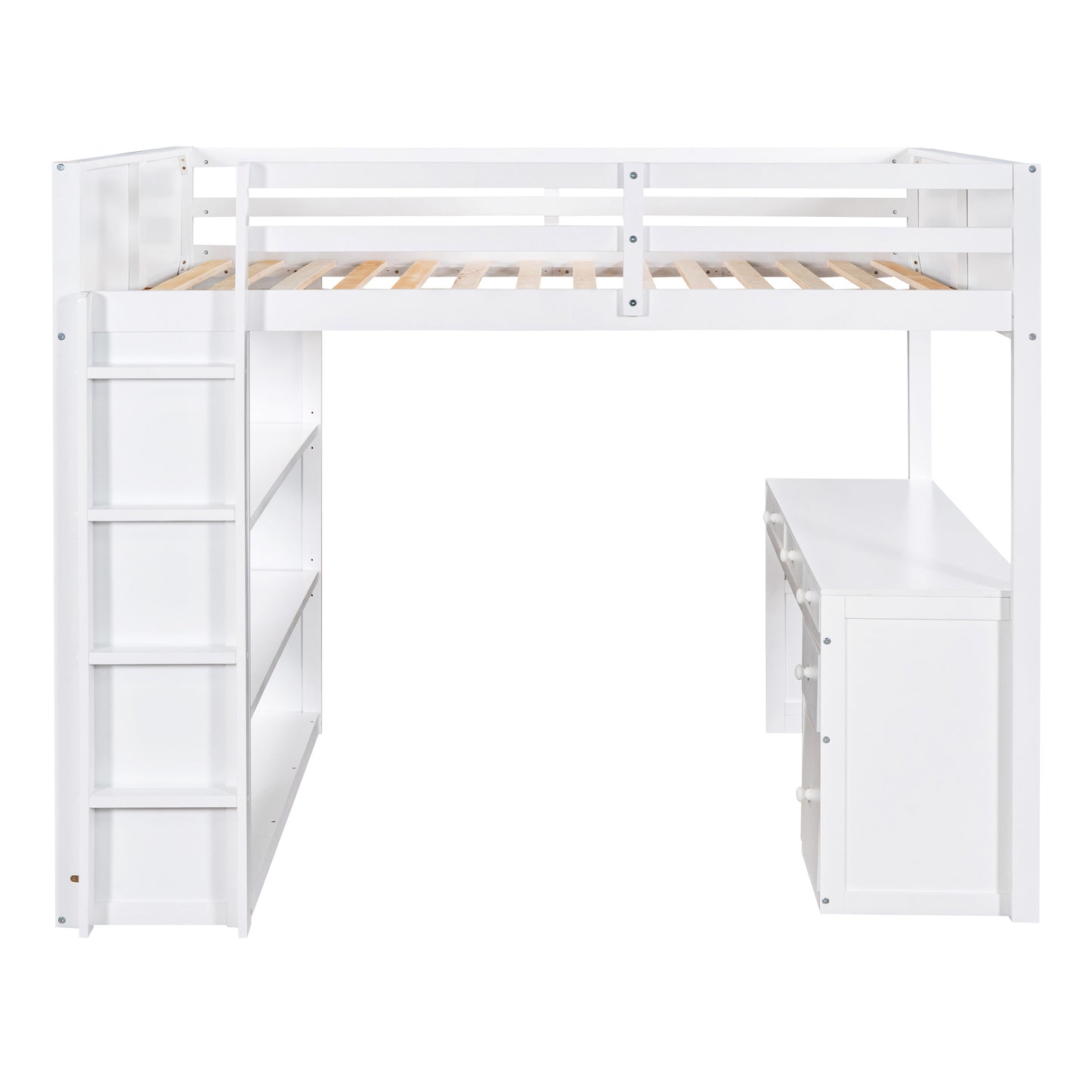 White wooden loft bed with integrated desk and shelving unit featuring a sturdy frame