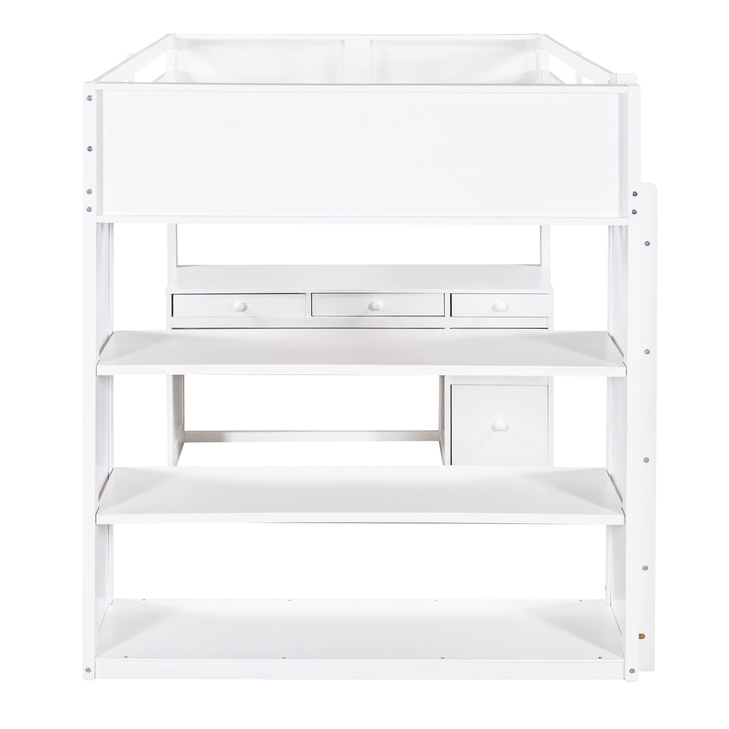 White loft bed with integrated desk and three shelves for kids