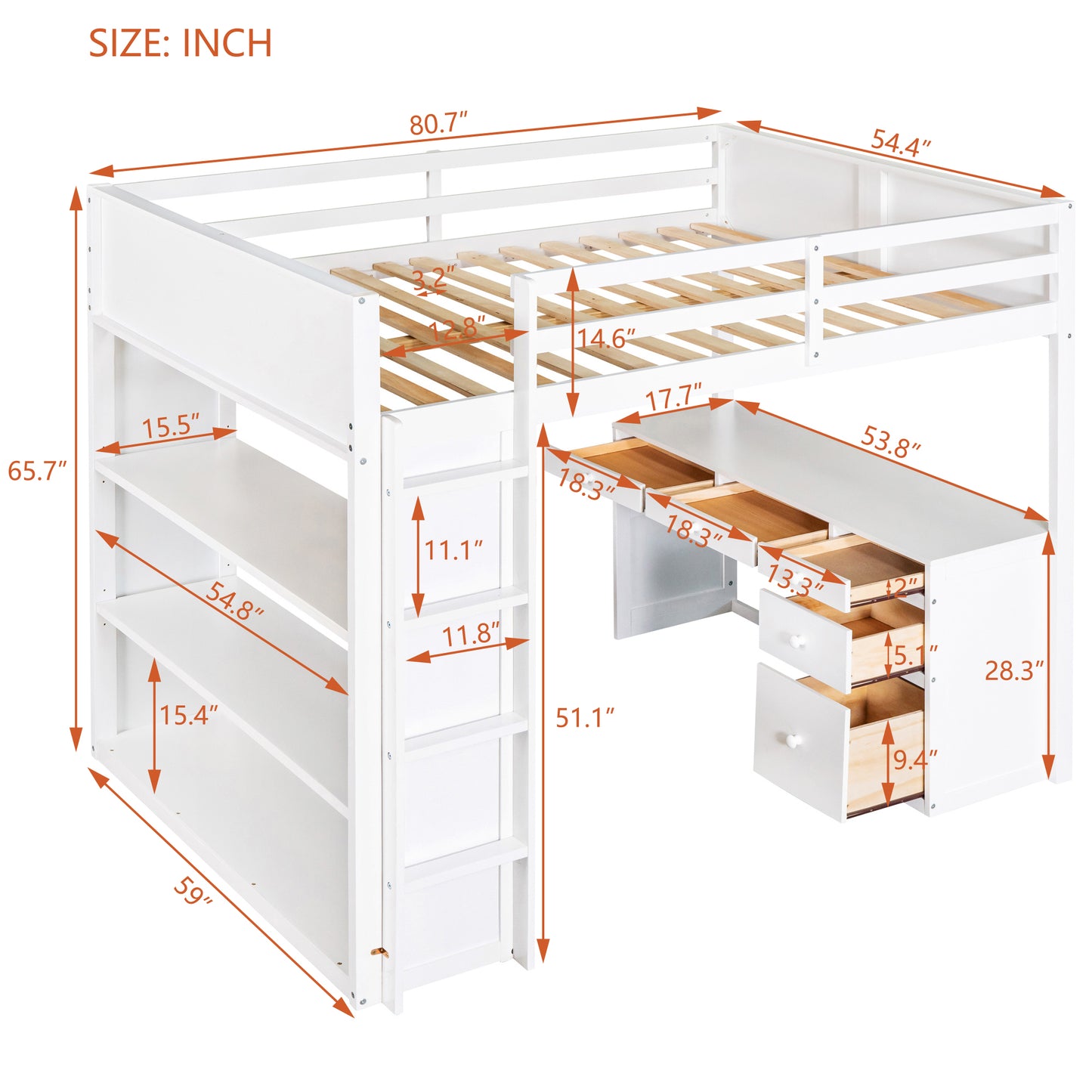 White loft bed with desk and shelves ideal for kids rooms