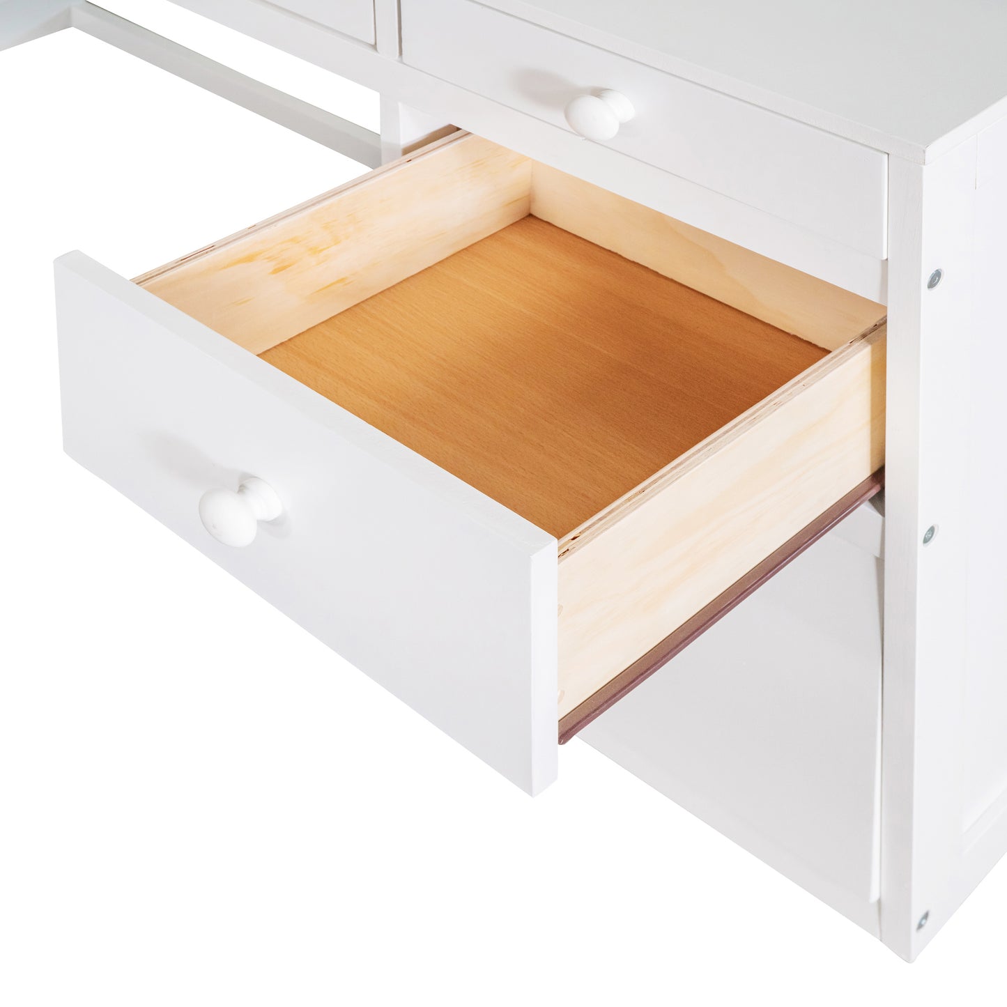 White painted wooden dresser drawer with natural wood interior featuring a round knob