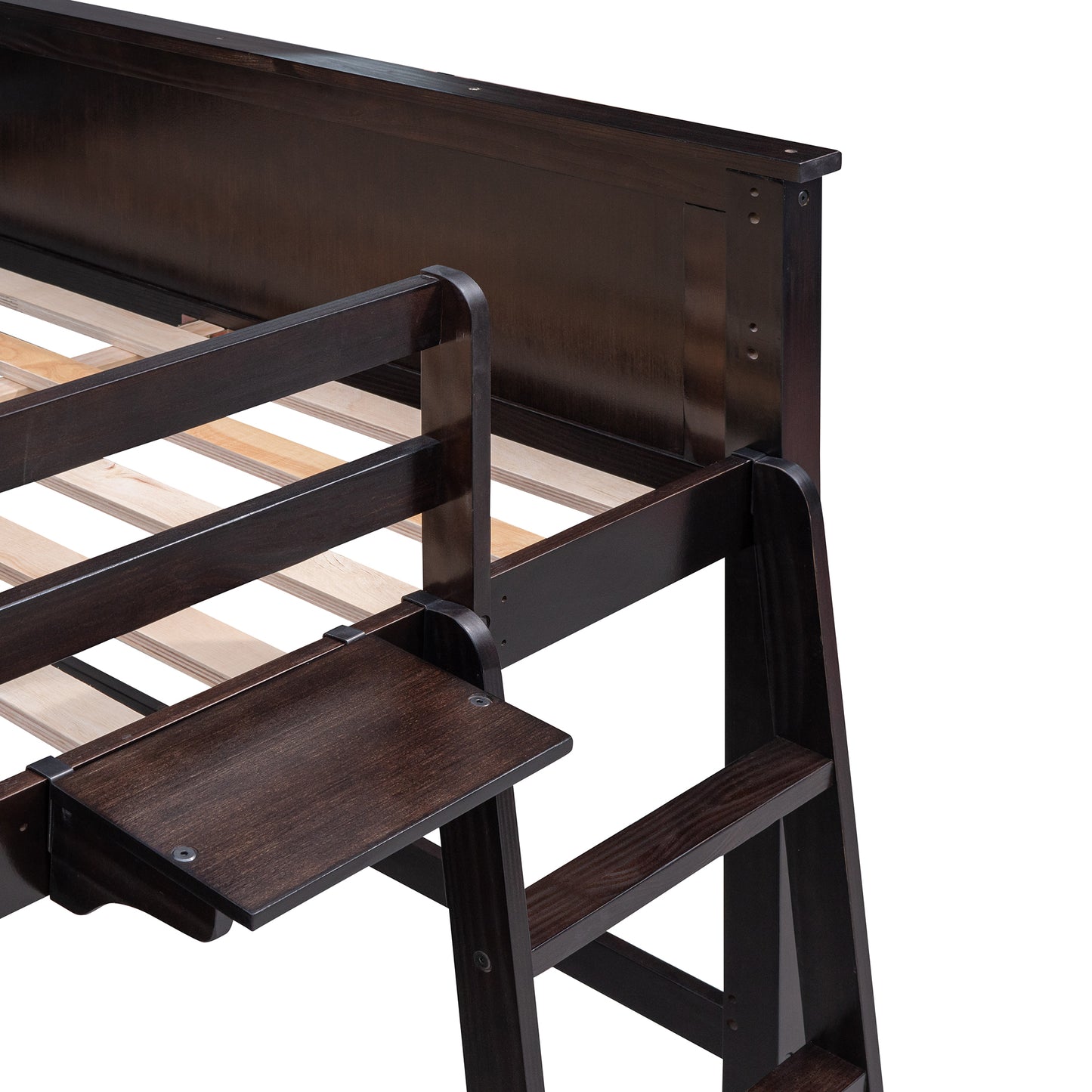 Dark brown wood loft bed frame with integrated ladder and desk attachment