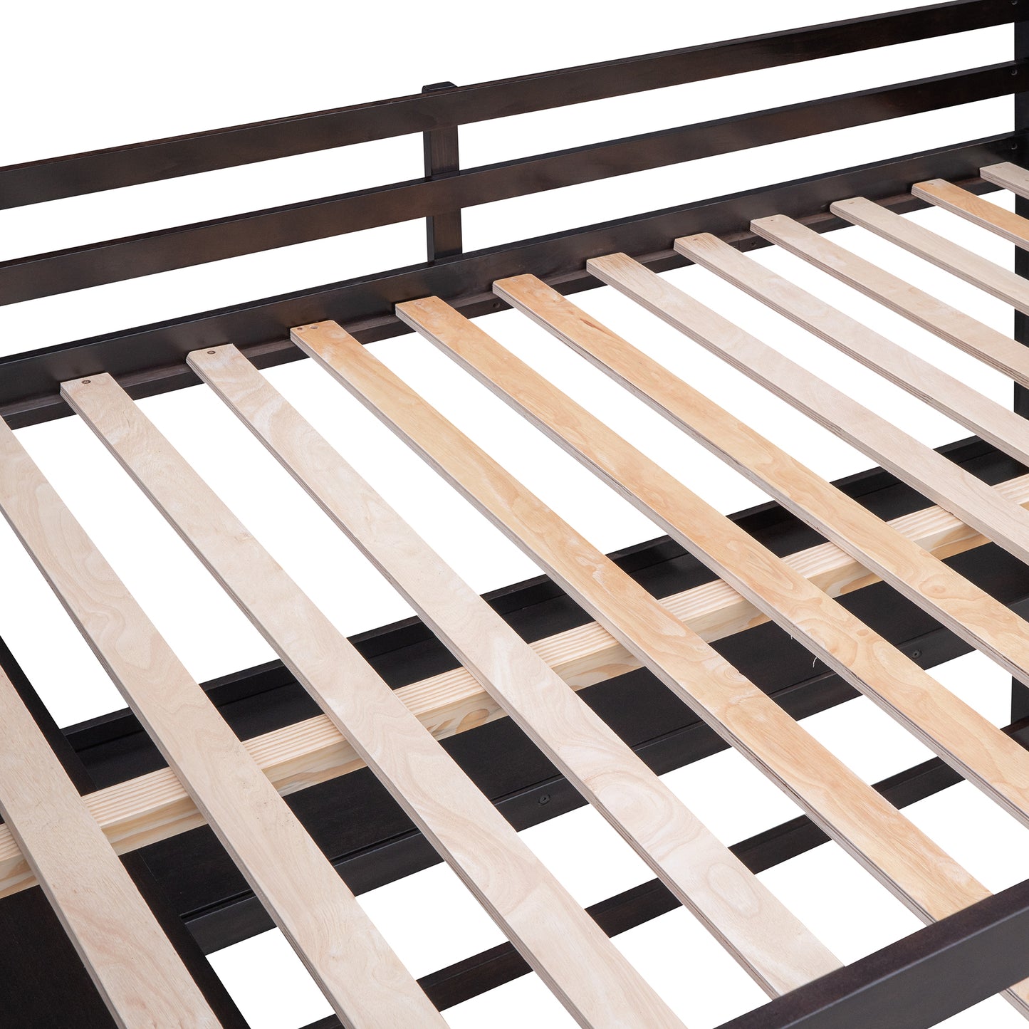 Dark metal bed frame with natural wood slats designed for mattress support
