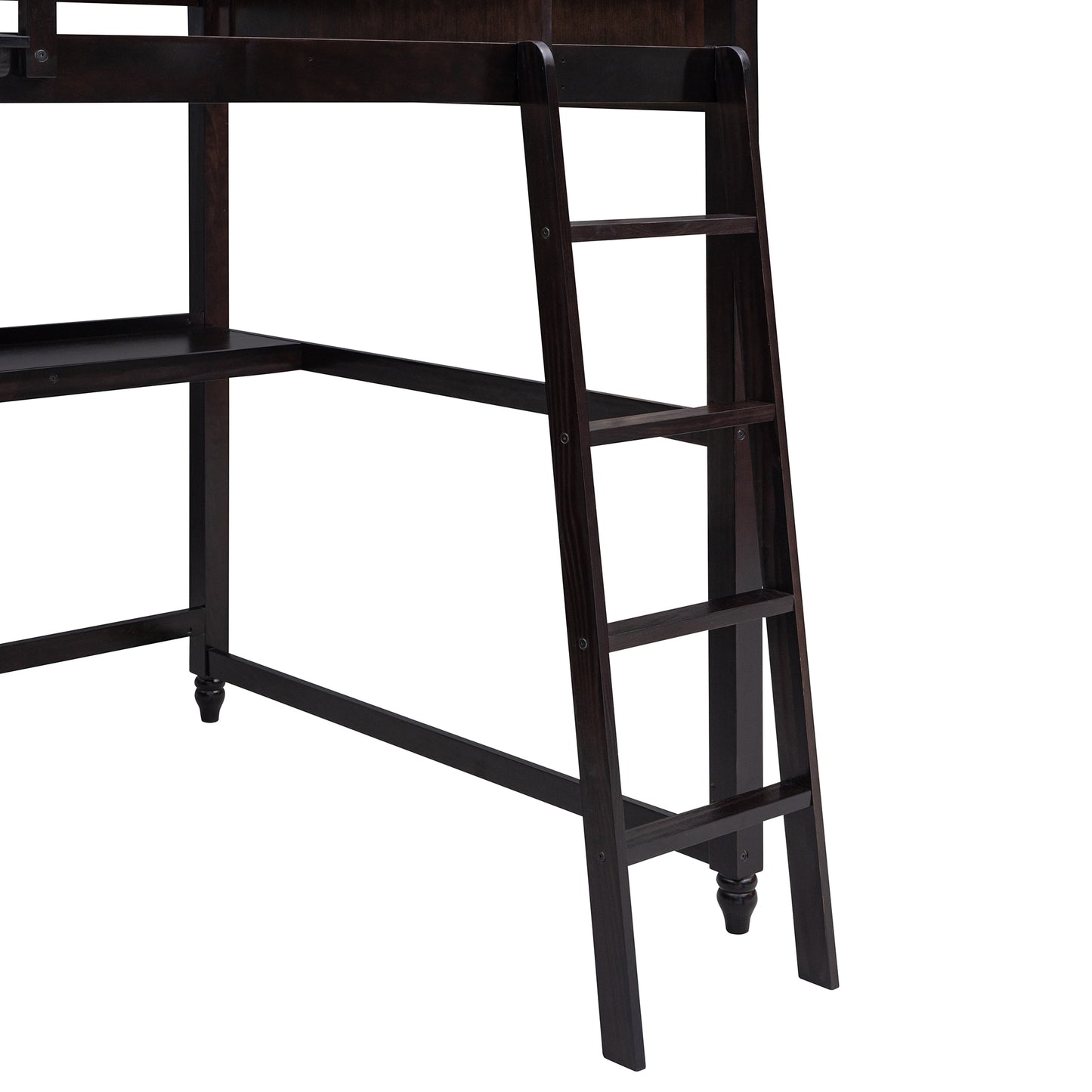 Dark wood loft bed ladder detail with integrated desk frame