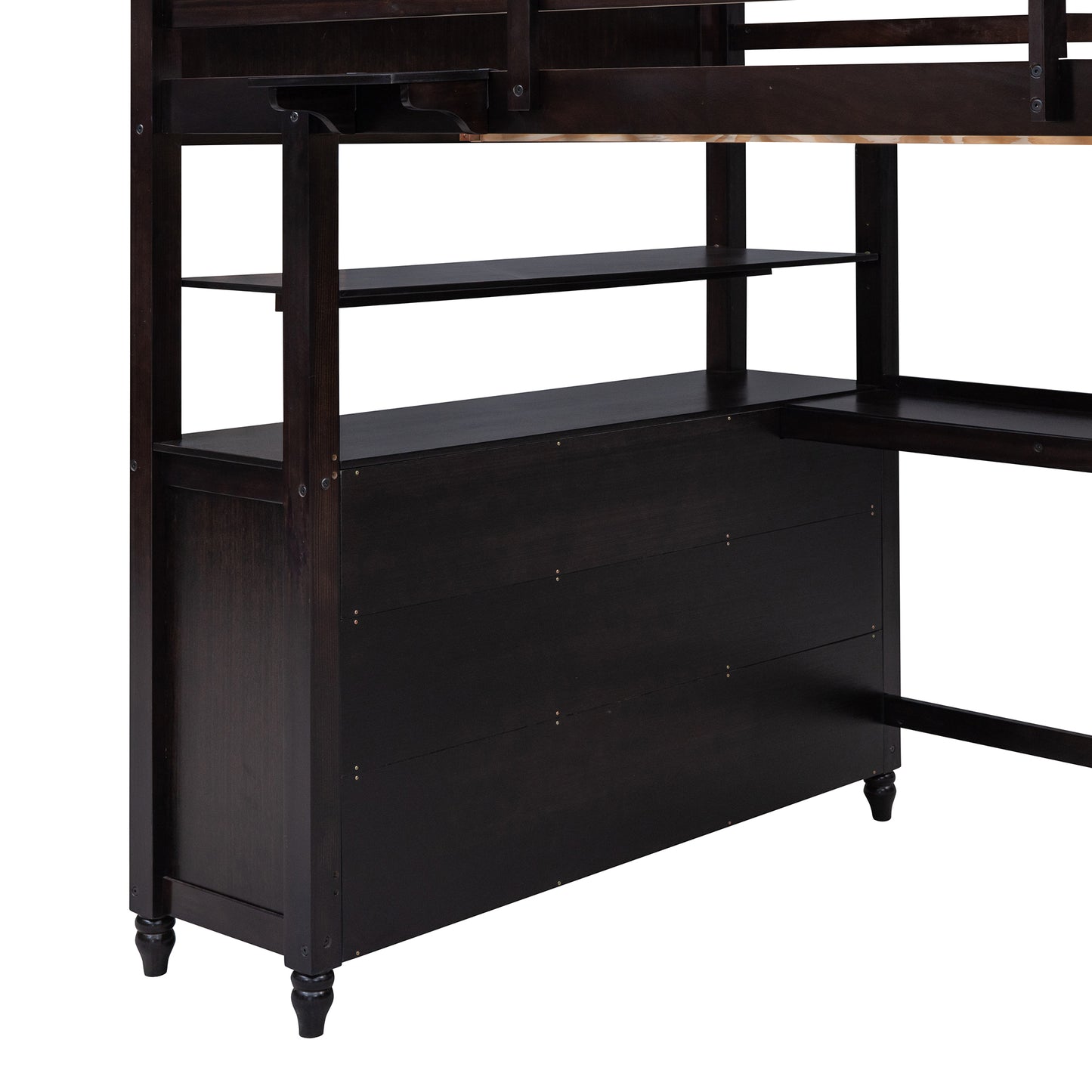 Dark espresso loft bed with integrated shelving and desk space perfect for small rooms