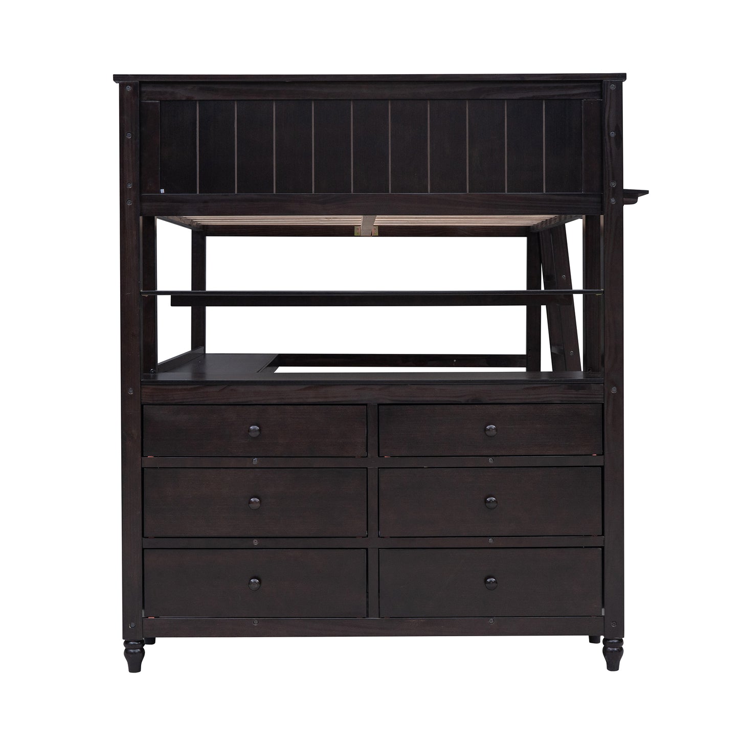 Dark espresso loft bed with integrated dresser drawers and open shelving for kids rooms
