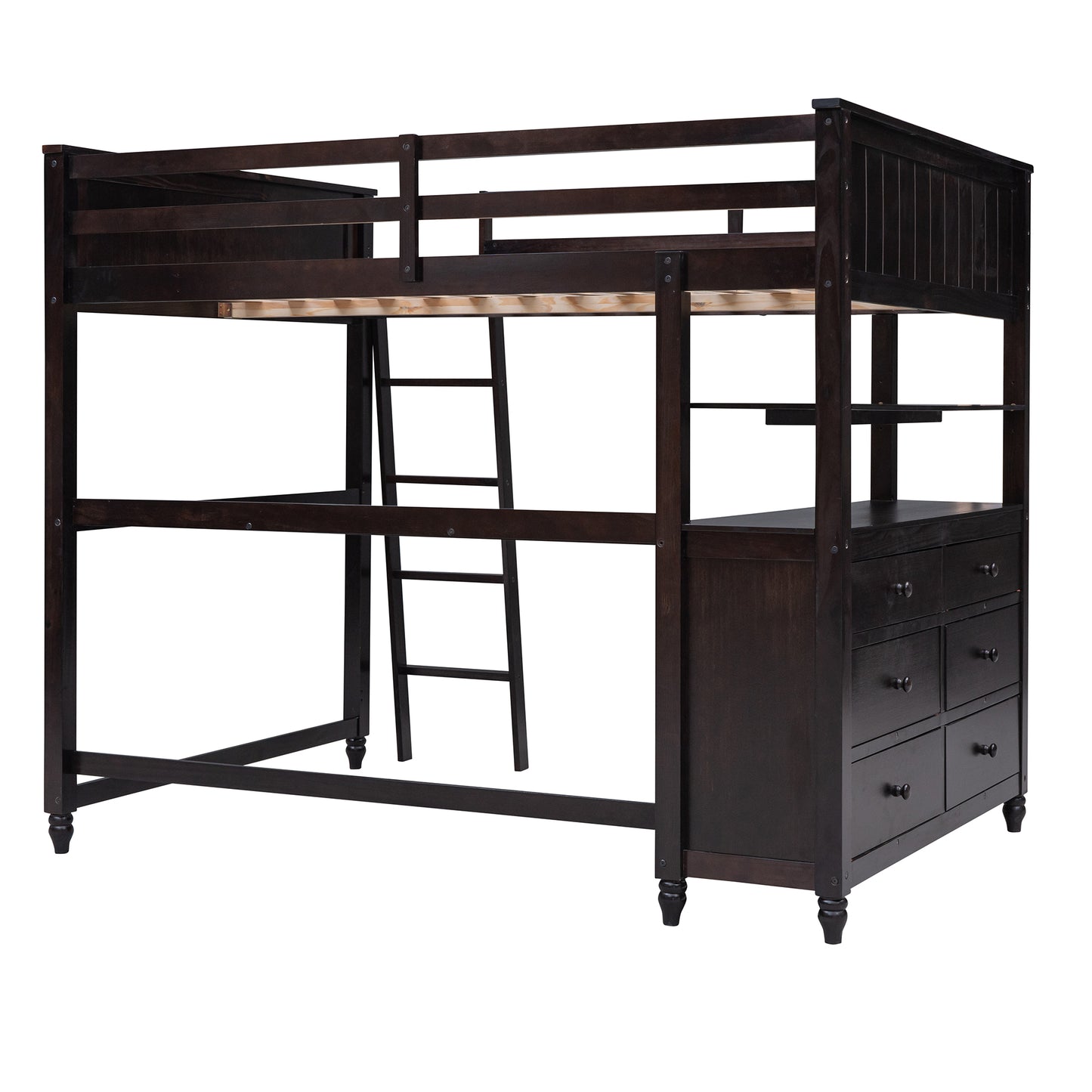 Dark brown wooden loft bed with integrated shelving and drawers ideal for small bedrooms