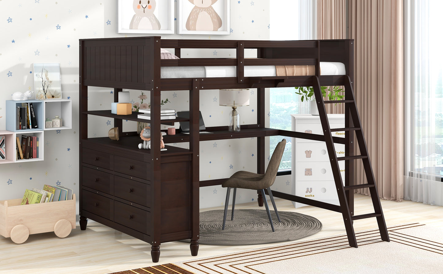 Dark wood loft bed with builtin desk and dresser perfect for kids bedrooms