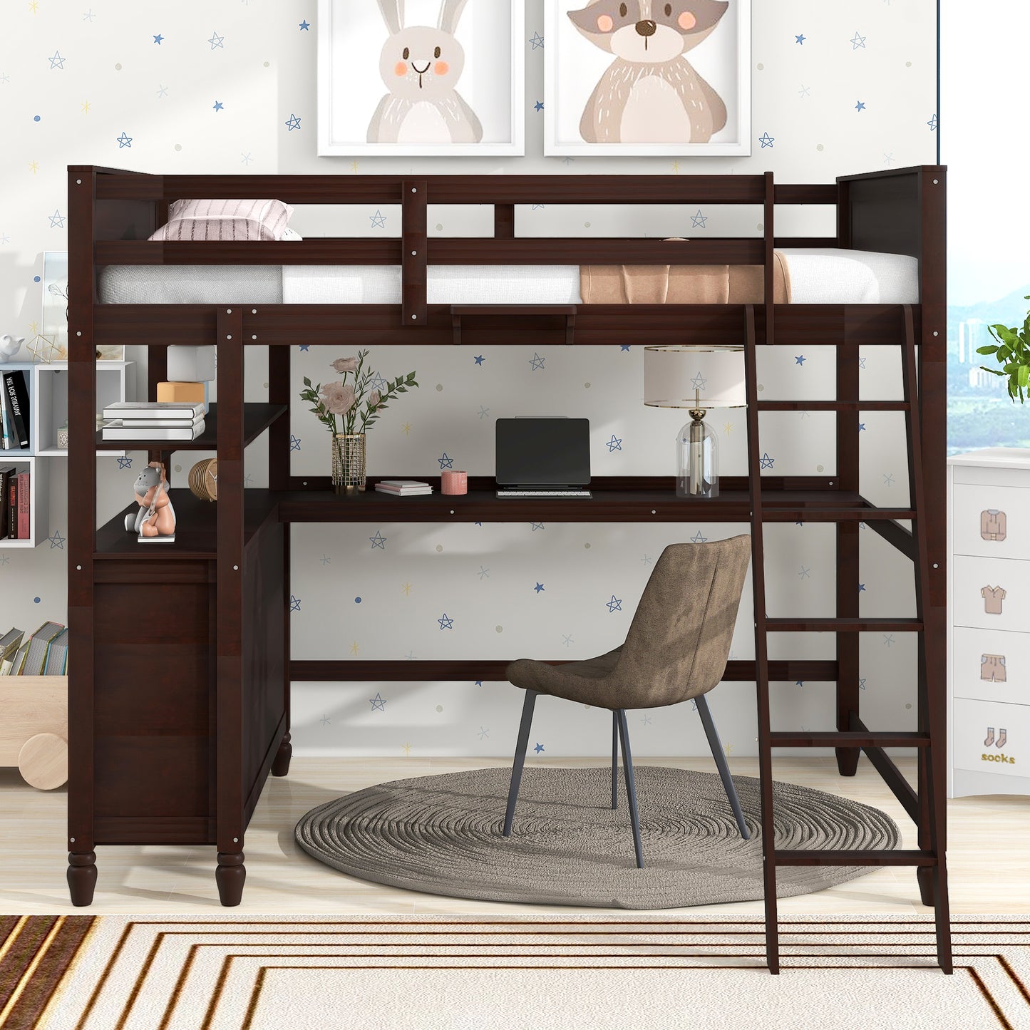 Dark wood loft bed with integrated desk chair and shelving for a childs room