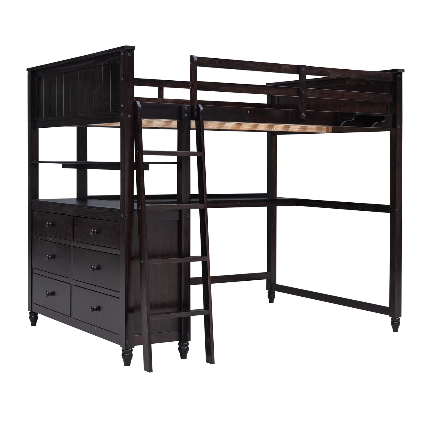 Dark brown wooden loft bed with dresser and ladder perfect for a childs room